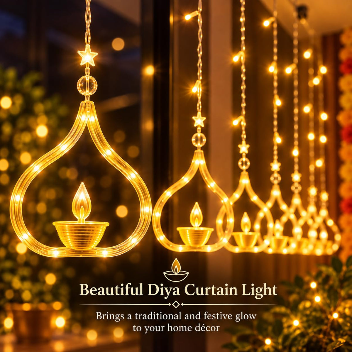 One94Store Deep Diya Curtain Decorative LED String Lights – 3 Meter Warm White Plug-in Lights with 108 LEDs