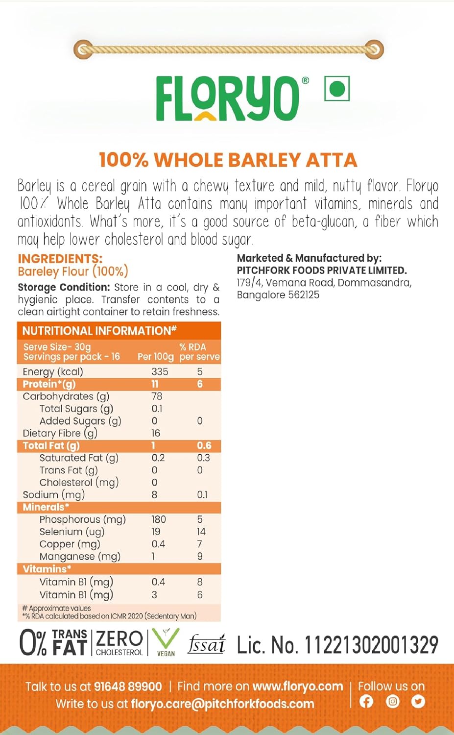 Floryo 100% Whole Barley Atta - 500g Pack