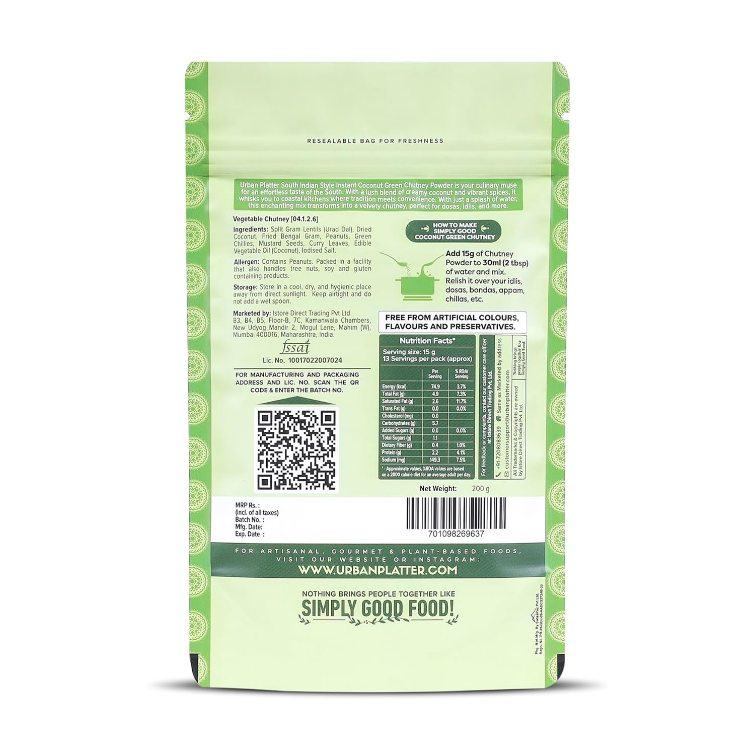 Urban Platter South Indian Style Instant Coconut Green Chutney Powder, 200g