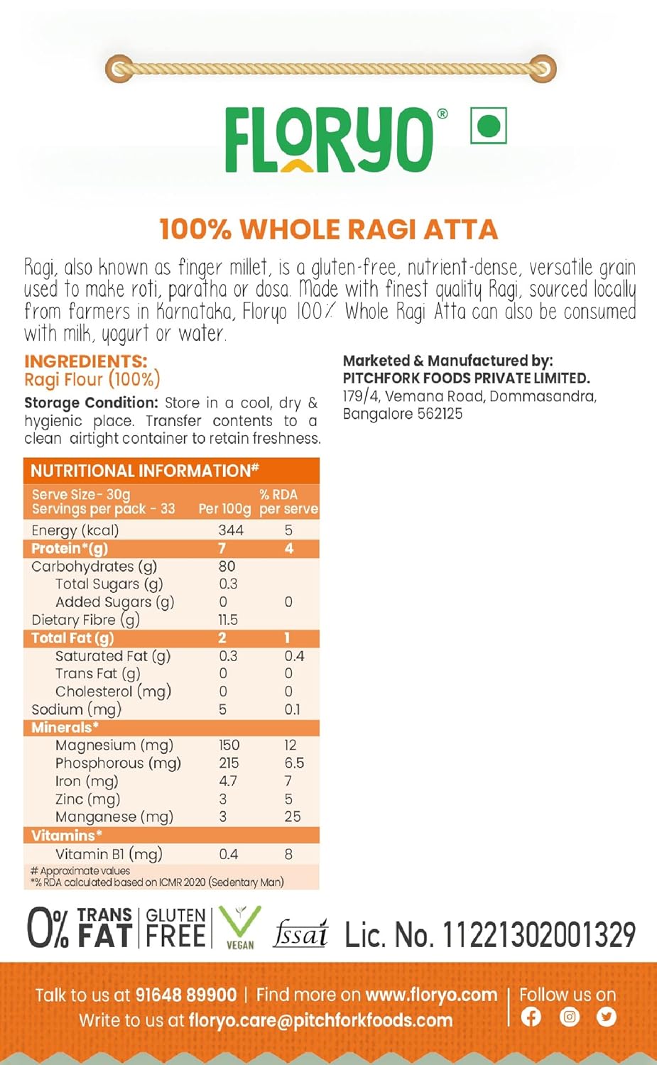 Floryo 100% Pure Whole Ragi Atta/Nachni (Finger Millet Flour)