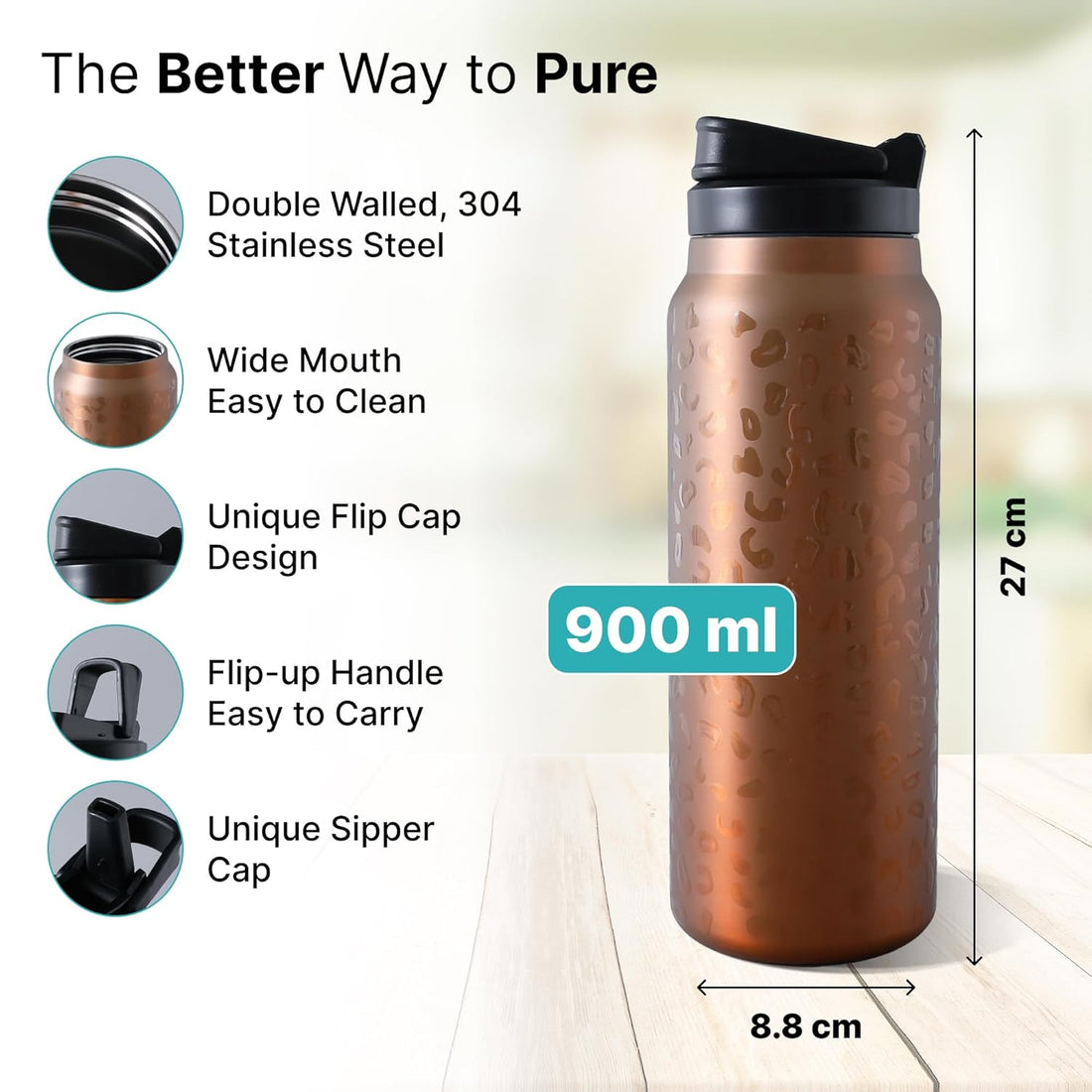 The Better Home Pulse 900ml|Stainless Steel Vacuum Insulated Printed Water Bottle