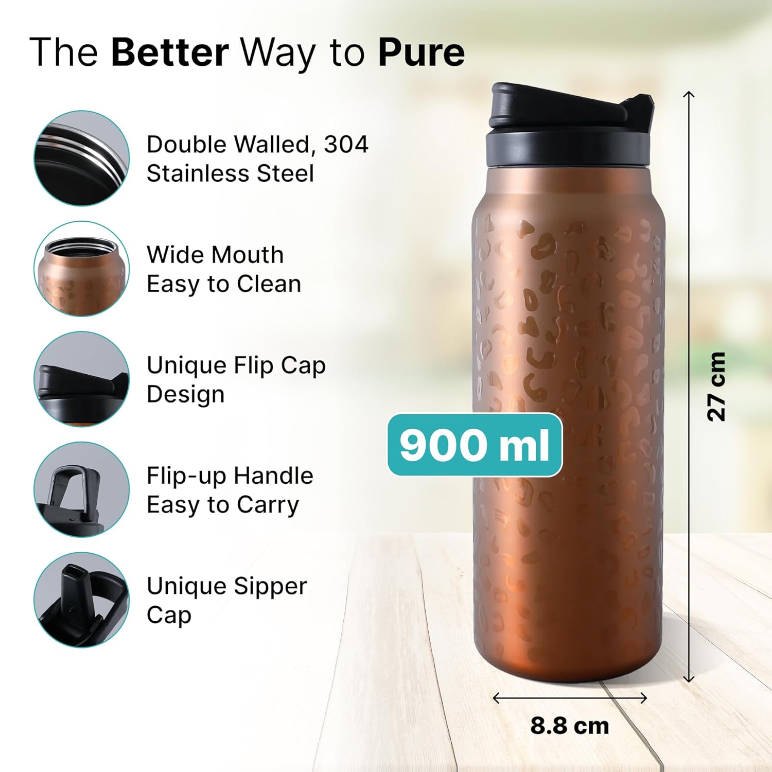 The Better Home Pulse 900ml|Stainless Steel Vacuum Insulated Printed Water Bottle