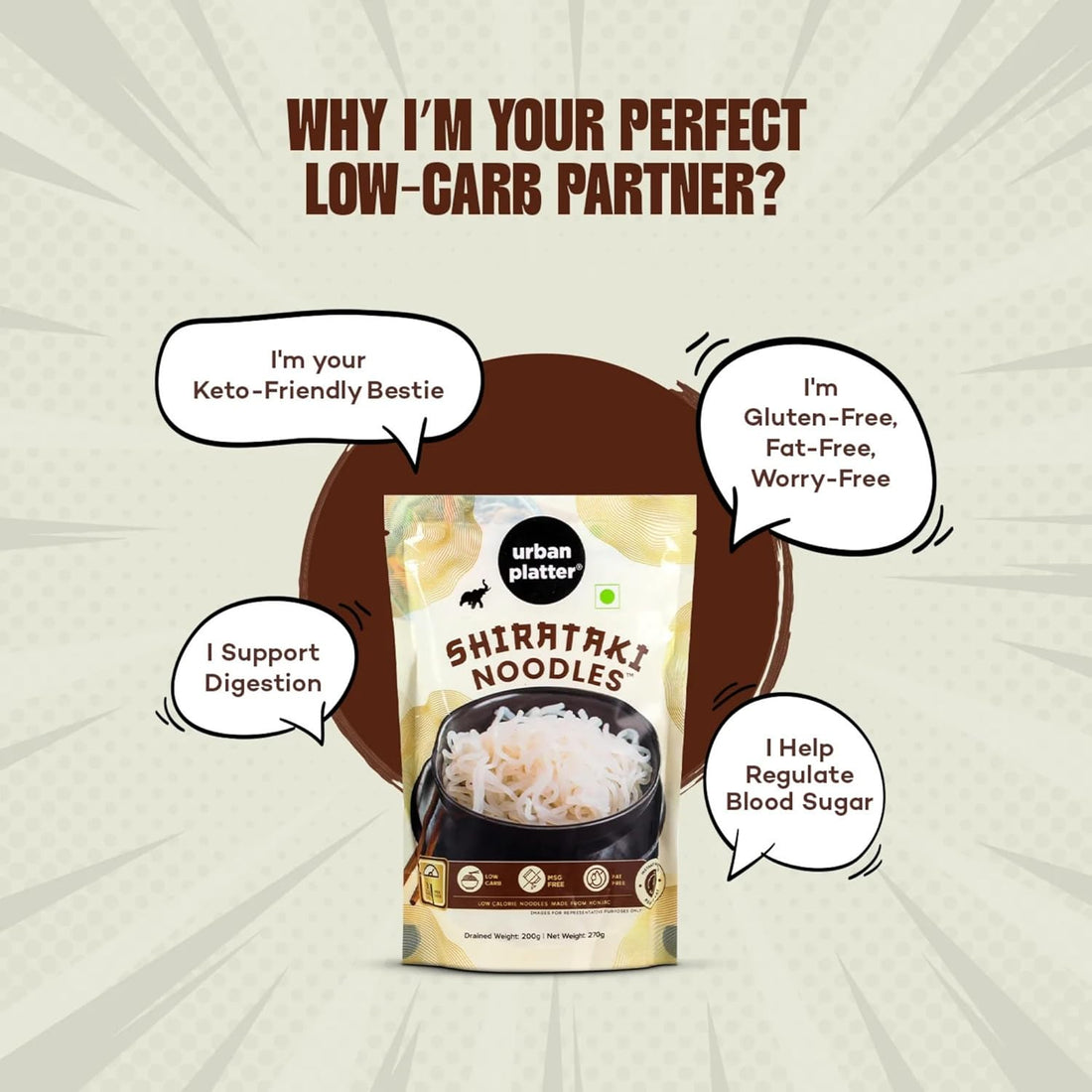 Packaging of Urban Platter Shirataki Noodles with a bowl of noodles on a white background