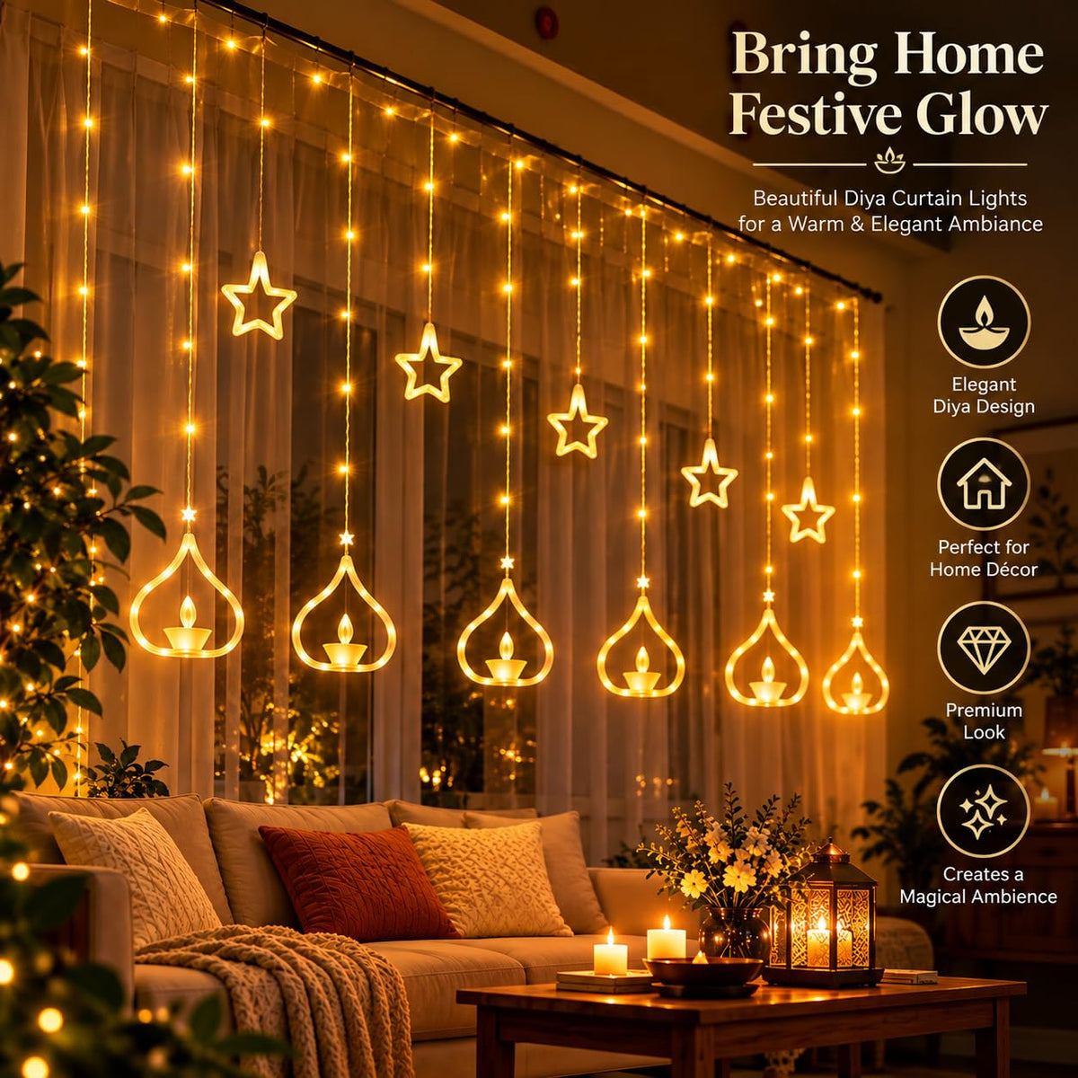 One94Store Deep Diya Curtain Decorative LED String Lights – 3 Meter Warm White Plug-in Lights with 108 LEDs