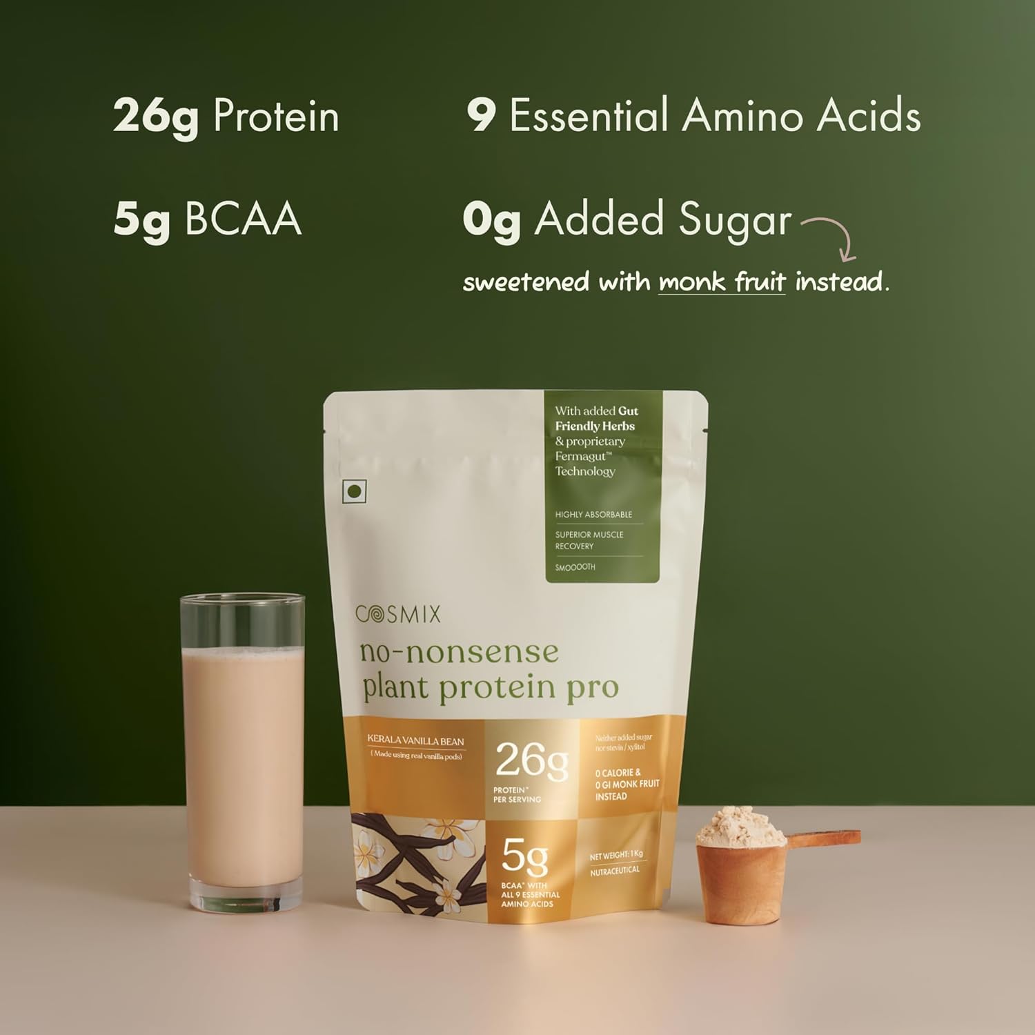Cosmix No-Nonsense Plant Protein Pro | 26g Protein/Serve | Kerala Vanilla Bean - 500 G