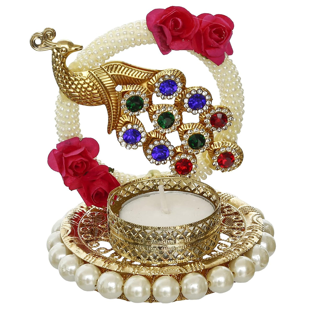 eCraftIndia Metal Peacock Floral Decorative Tea Light Candle Holder