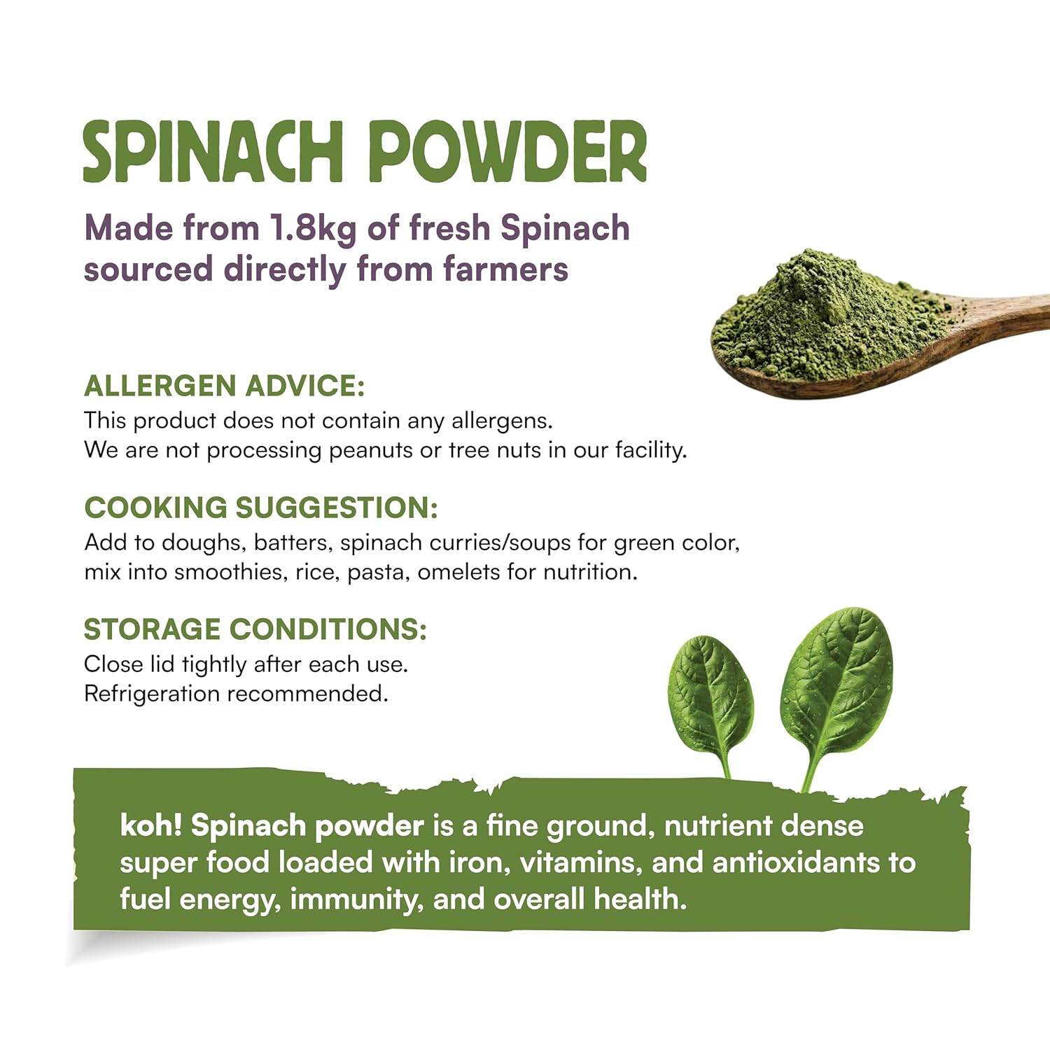 Koh 100% Pure Spinach Powder - 100g