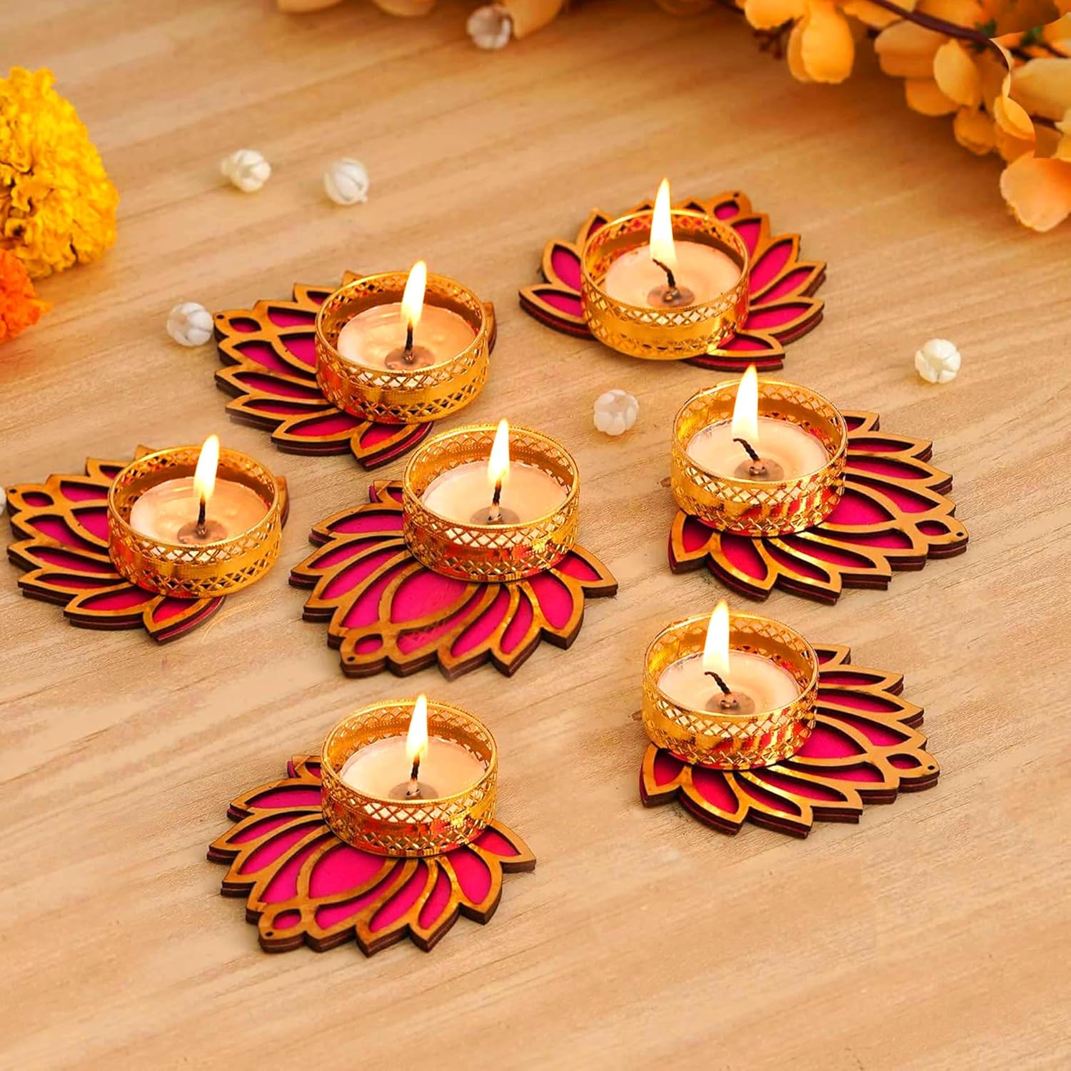 TIED RIBBONS Lotus Tealight Candle Holder Stand Set of 7