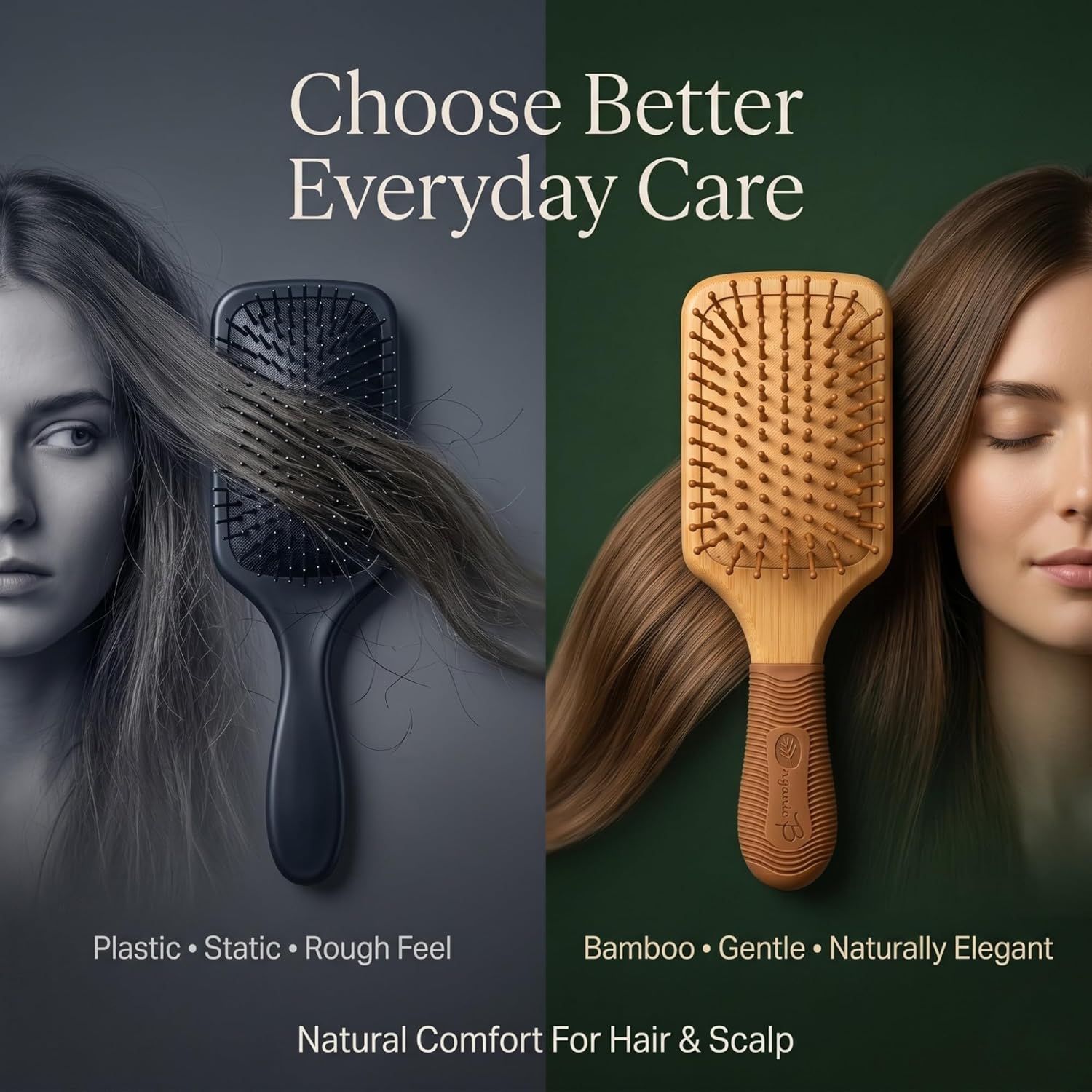 Bamboo Paddle Hair Brush with Rubber Handle – Eco-Friendly Wooden Detangler for Wet & Dry Hair