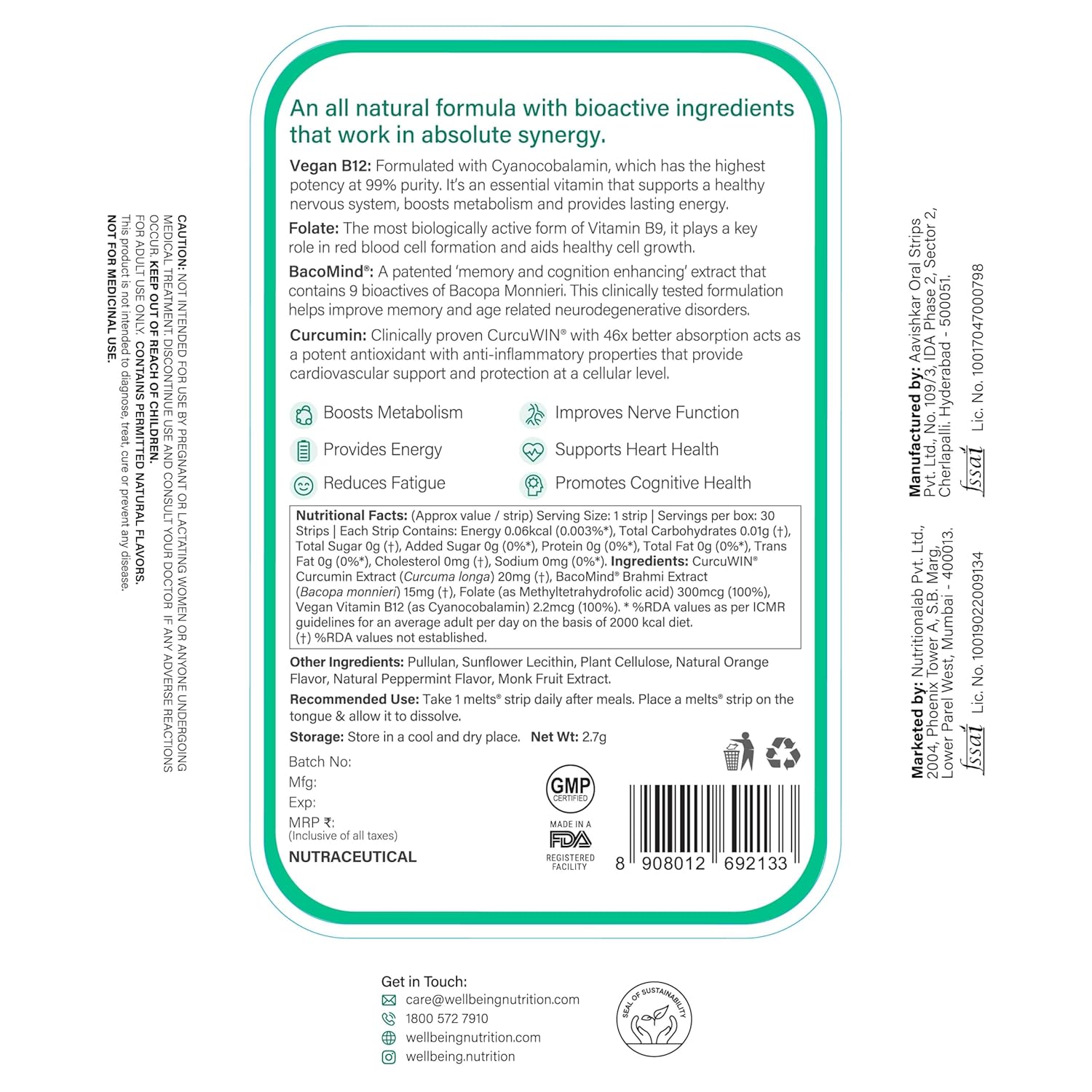 Wellbeing Nutrition Melts Vegan Vitamin B12 - 30 Oral Strips
