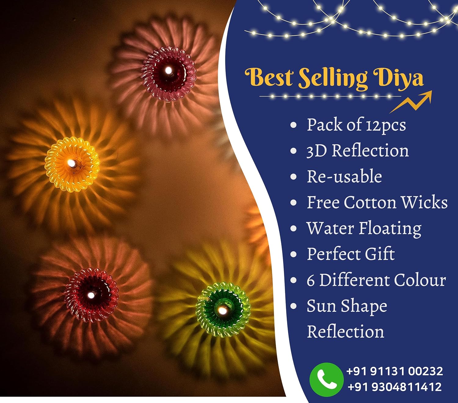 Indian Karigar 12pcs Diwali Diyas - Colourful 3D Reflection Diya For Decor