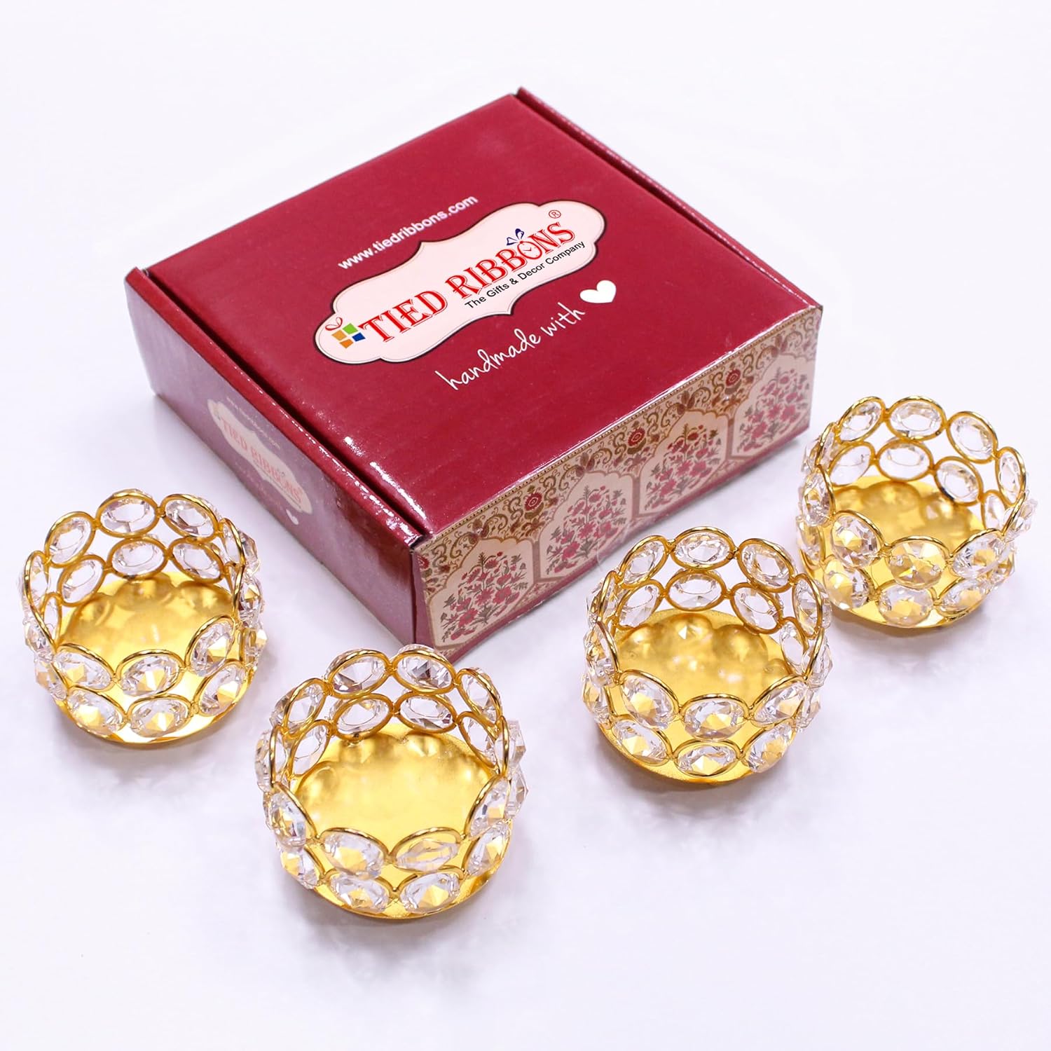 TIED RIBBONS Pack of 4 Crystal Tealight Candle Holder Centerpieces Votive Candle Holders