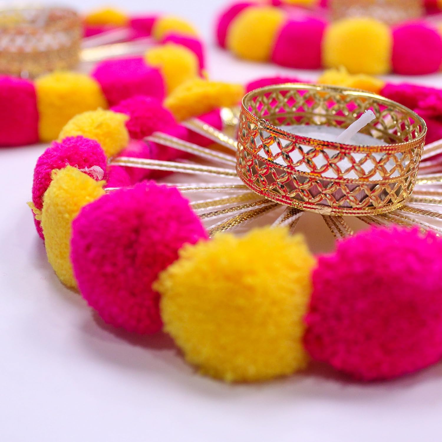 TIED RIBBONS Pack of 3 Decorative Pom Pom Tealight Candle Holders with Wax