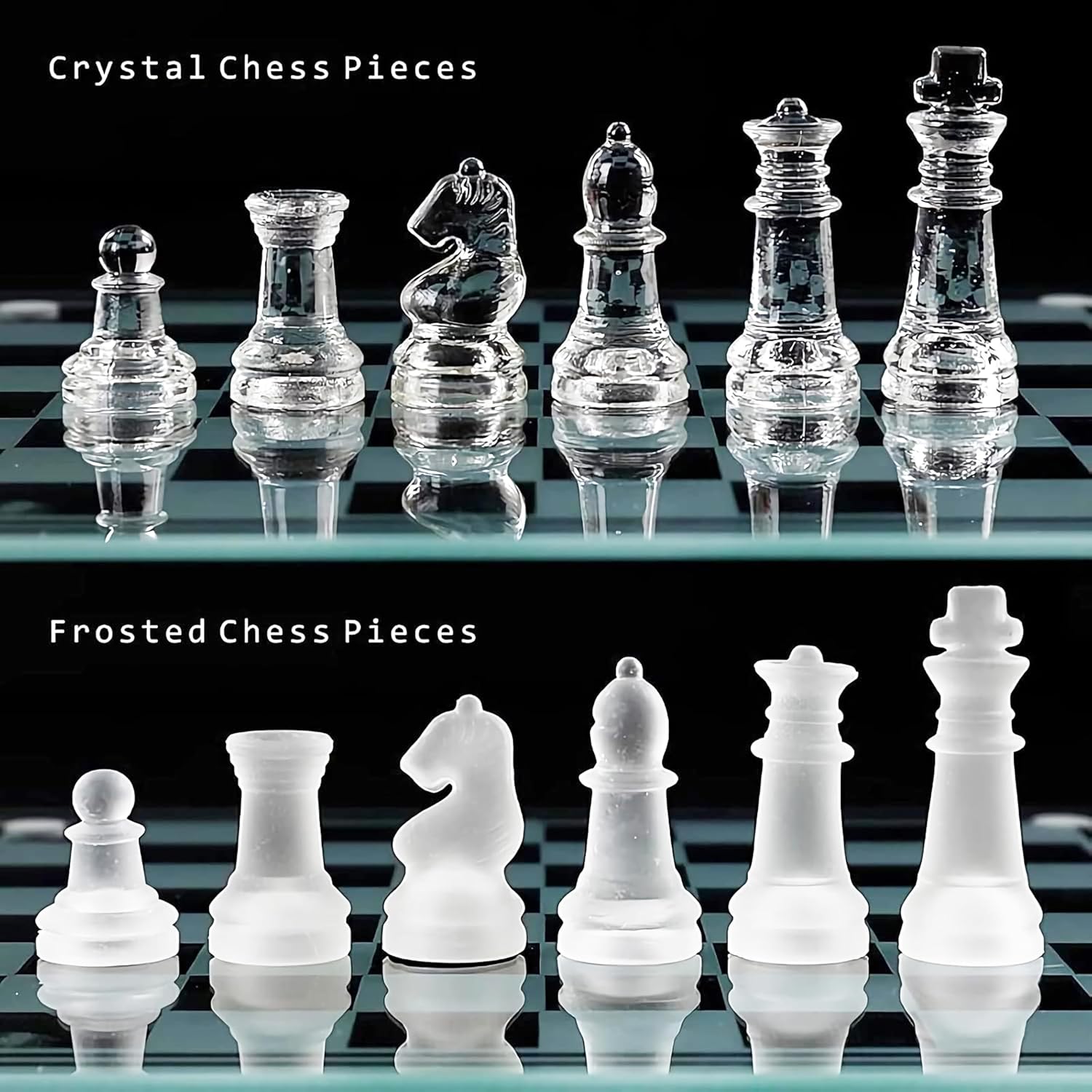 VGRASSP Glass Chess Board Set with Frosted and Clear Chessmen Pieces - 10 Inch