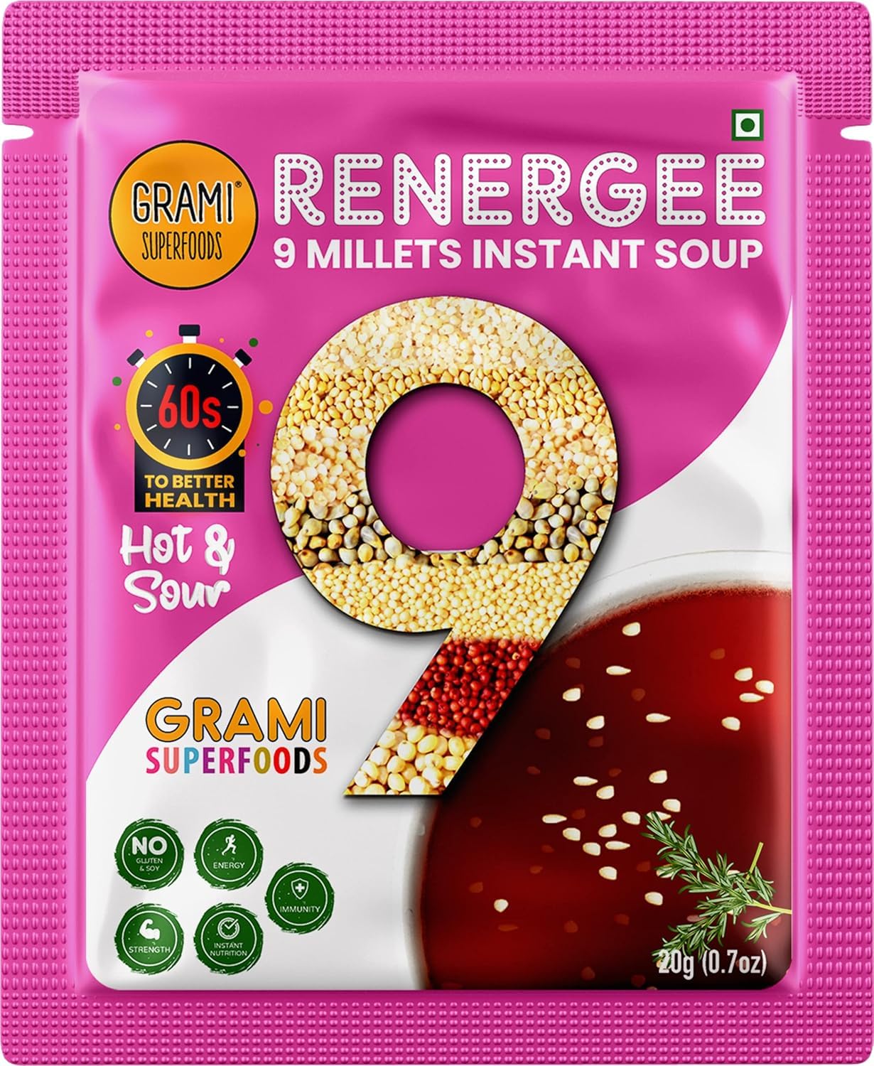 Grami Superfoods Renergee 9 Millets Instant Hot & Sour Soup - Pack of 12 - 240g