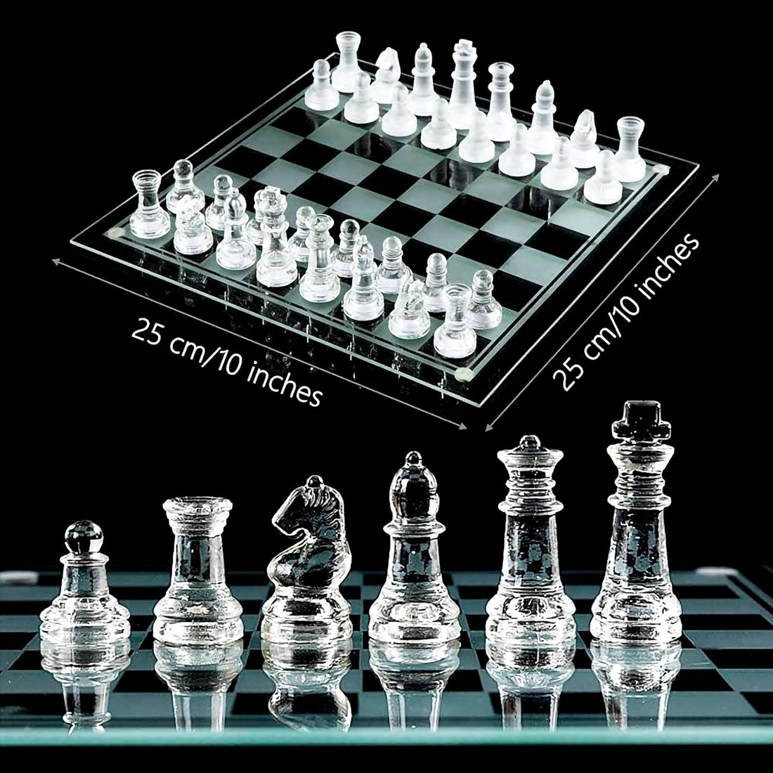 VGRASSP Glass Chess Board Set with Frosted and Clear Chessmen Pieces - 10 Inch