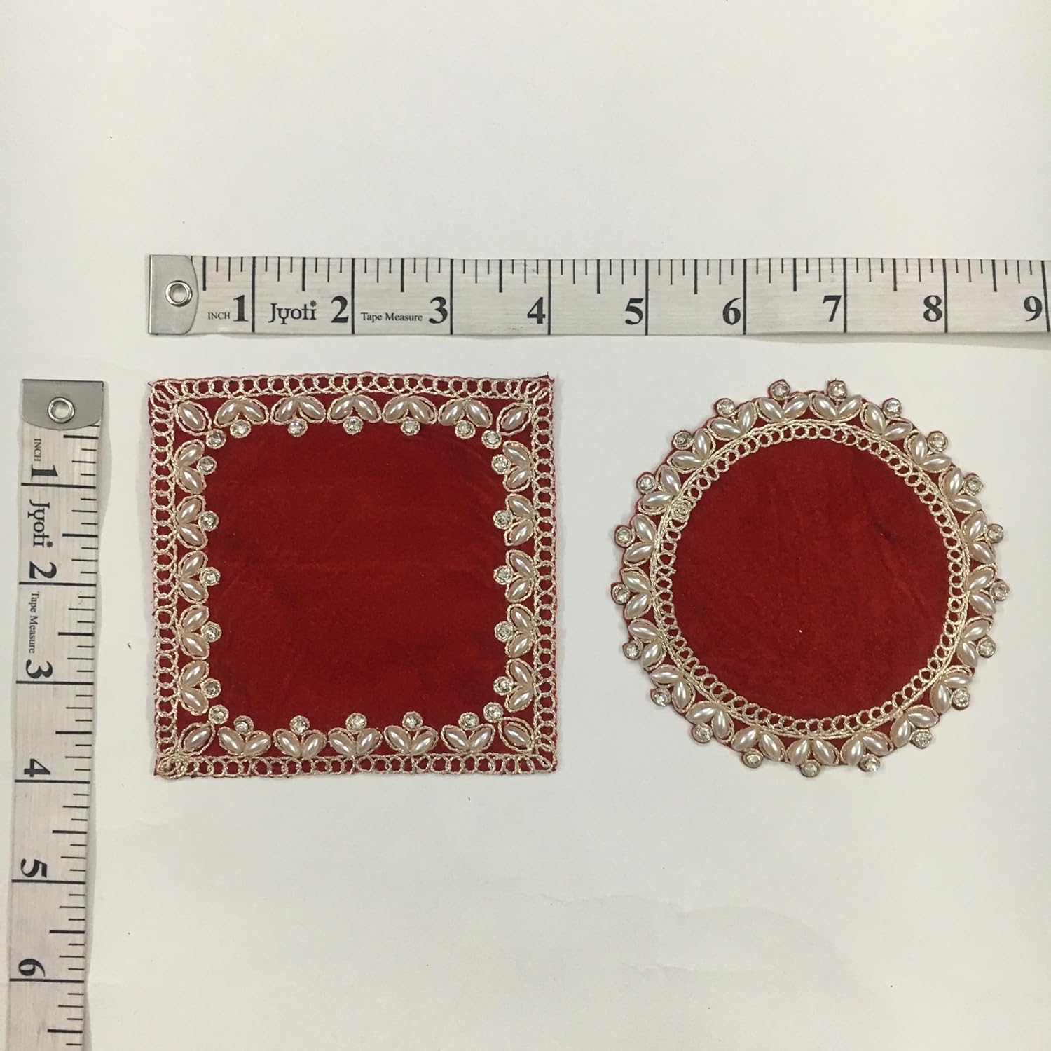 EMBROINDIA Red Velvet Pooja Aasan Set, Decorative Chowki Cloth, 4x4 Inch
