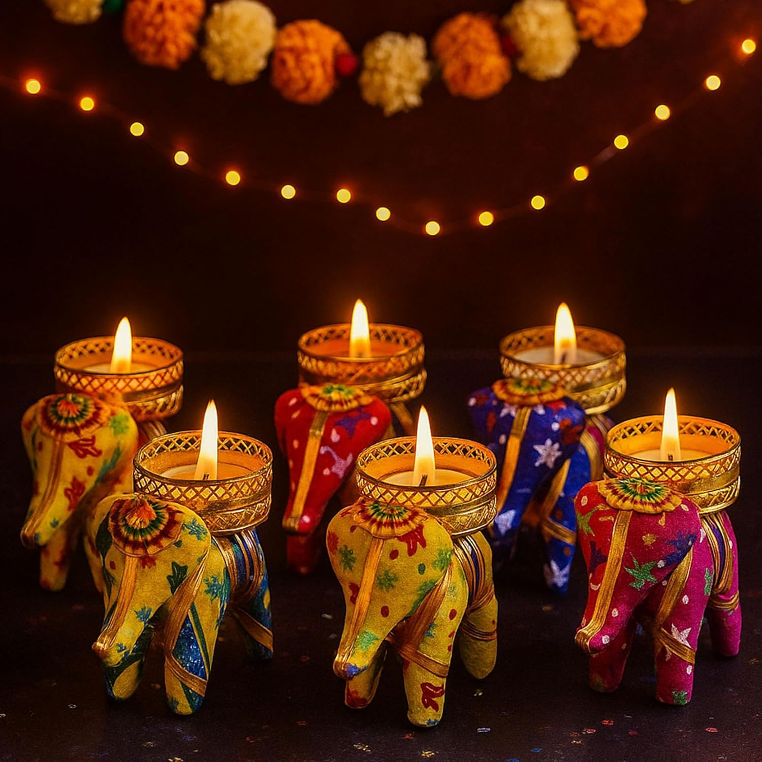 TIED RIBBONS Set of 6 Handcrafted Recycled Material Elephant Tealight Candle Holder for Diya Home Decoration