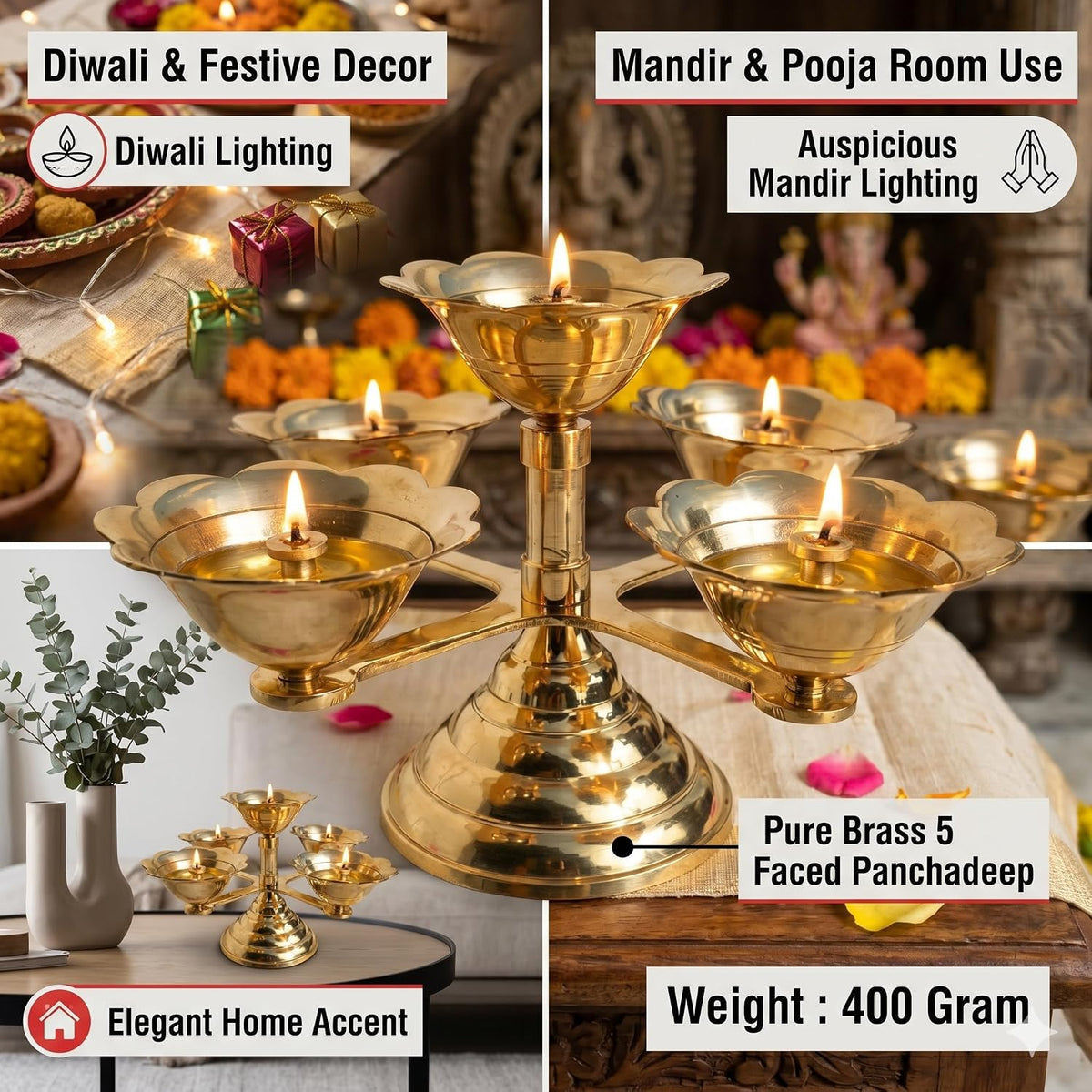 Pure Source India Pure Brass 5 Faced Ethnic Panchadeep
