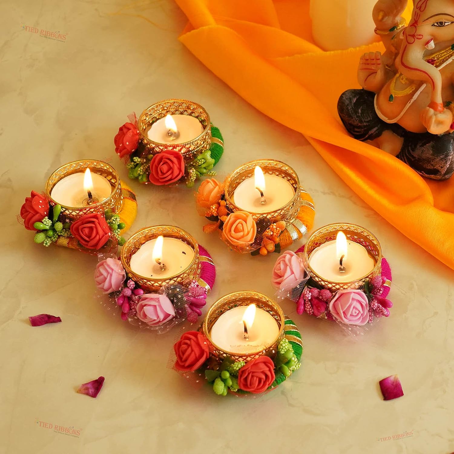 TIED RIBBONS Set of 6 Flowers Tealight Candle Holders