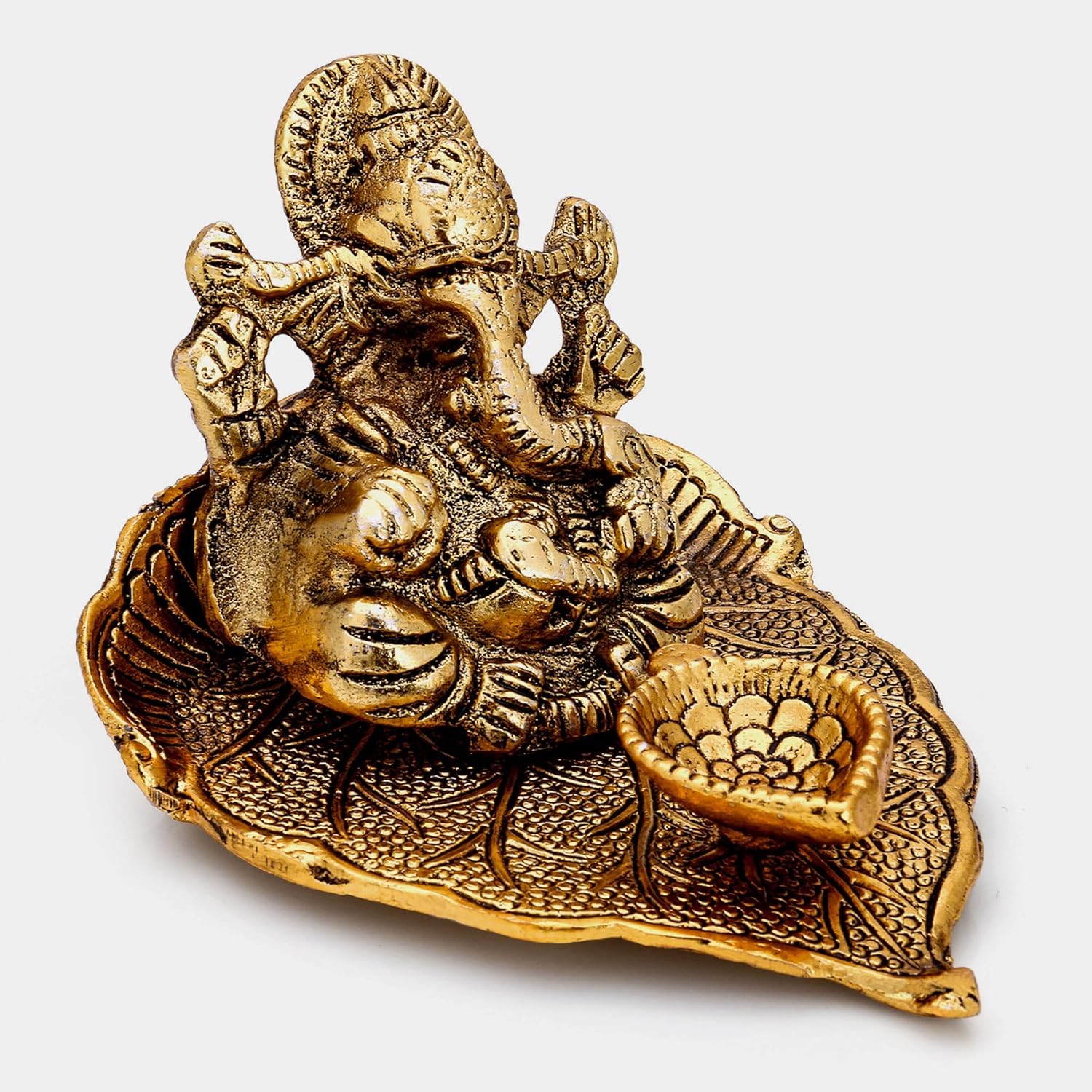 Collectible India Lord Ganesha on Leaf with Diya | Metal Diwali Gift