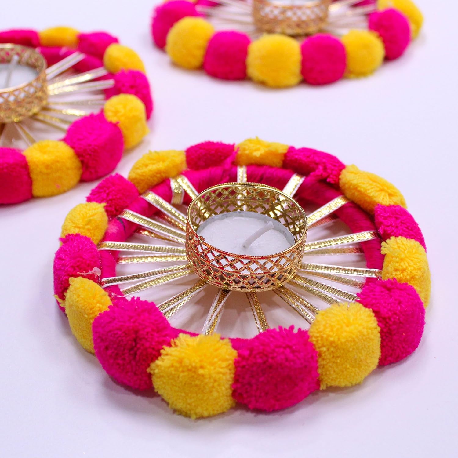 TIED RIBBONS Pack of 3 Decorative Pom Pom Tealight Candle Holders with Wax