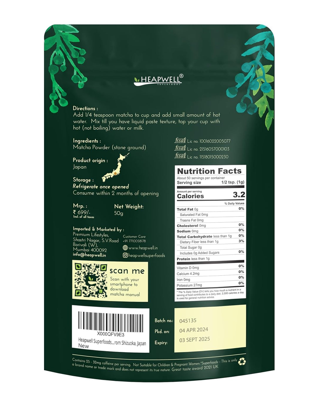 Heapwell Superfoods Japanese Matcha Green Tea Powder, 50 Grams (30 Servings) | Sourced From Shizuoka, Japan