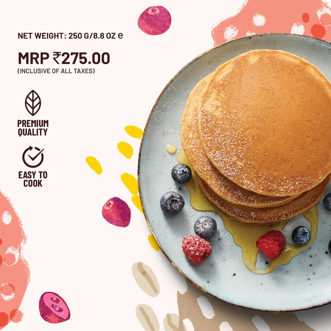 Mille Classic Millet Pancake Mix packaging with pancakes and berries on a white background