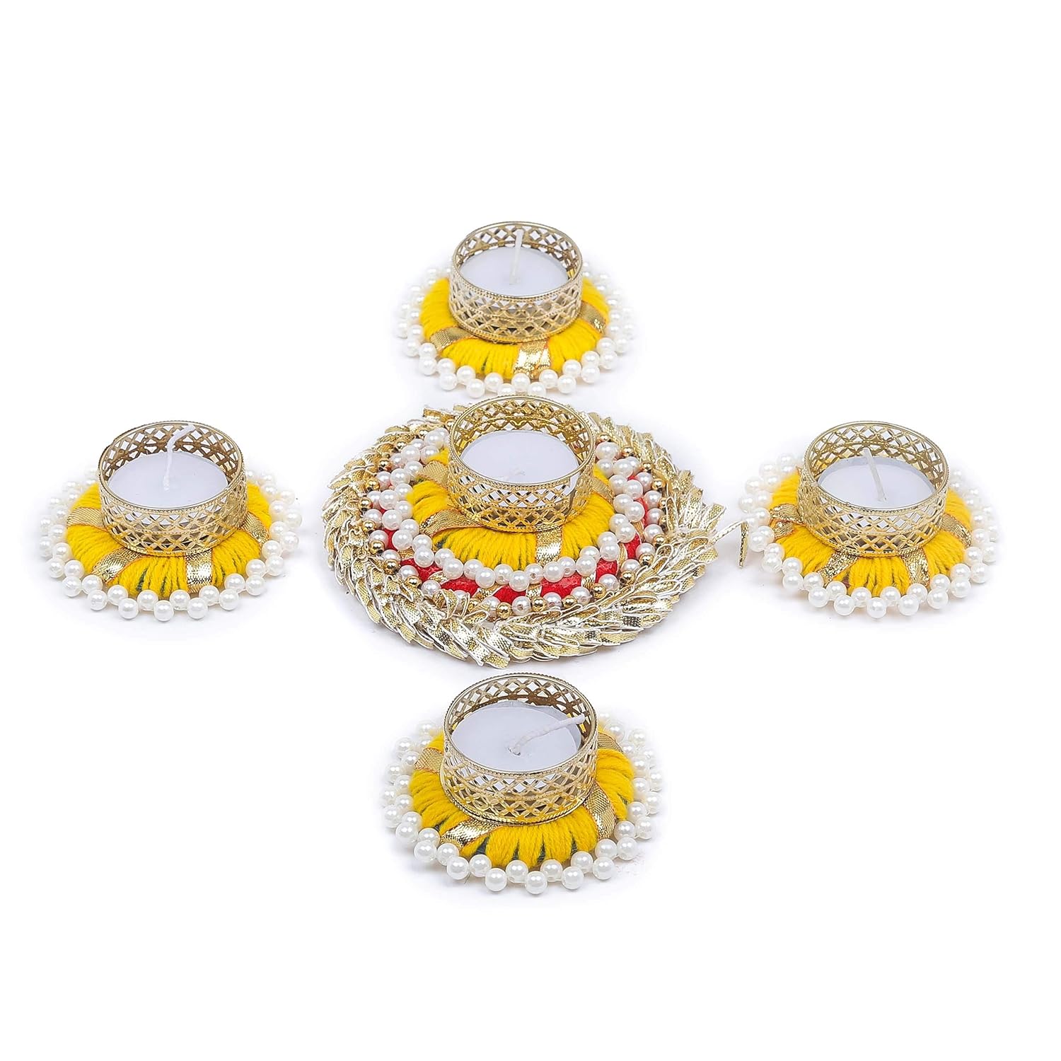 TIED RIBBONS Set of 5 Florals Tealight Candle Holders for Diyas