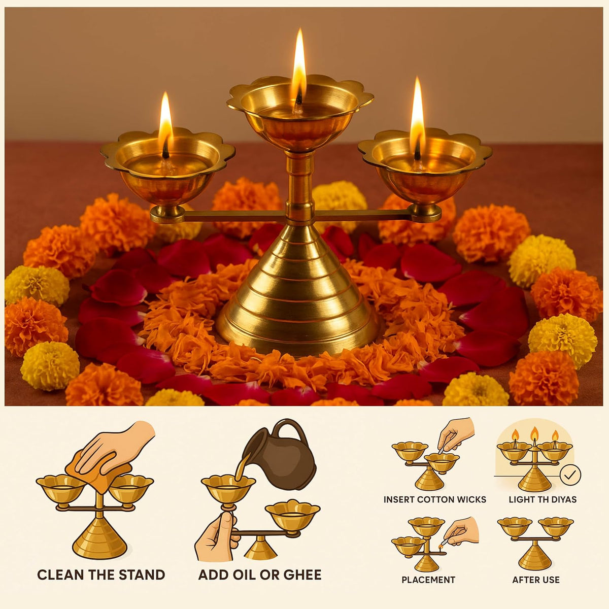 Pure Source India Pure Brass Flower Design 3 Mukhi Diya/Lamp