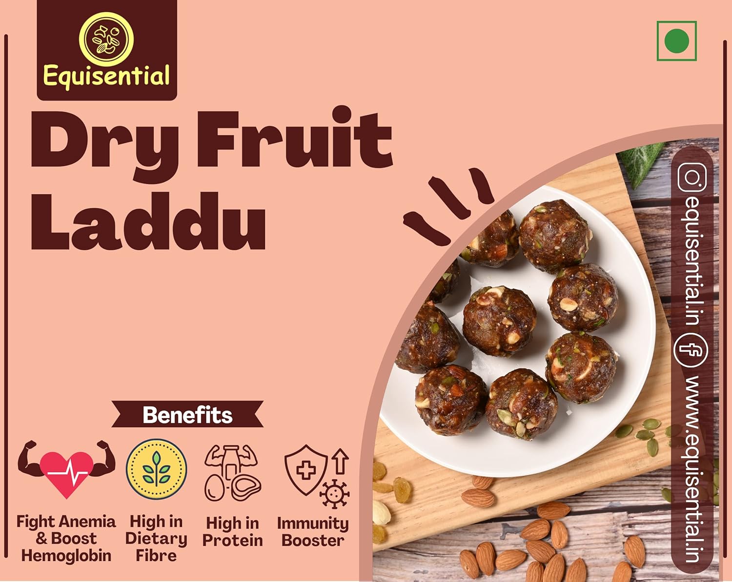Equisential – Dry Fruit Laddu | Purely Made with Mixed Dry Fruits and Nuts -No Sugar | No Jaggery - 300gm