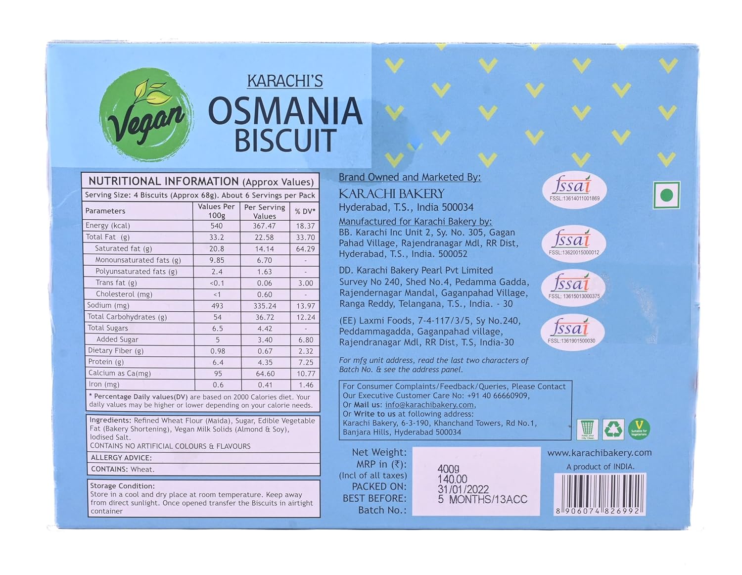 Karachi Bakery Vegan Osmania Biscuit, 400 g