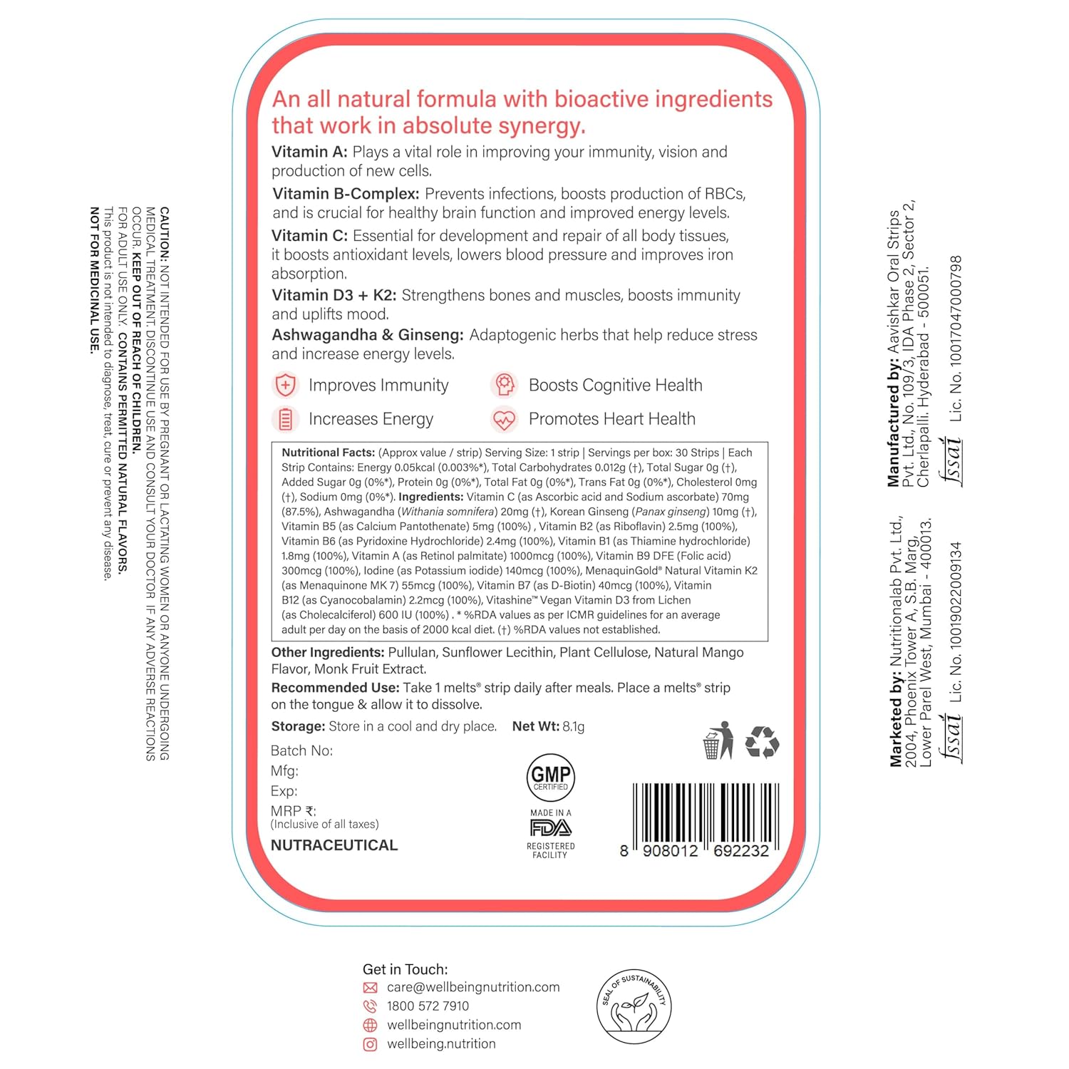 Wellbeing Nutrition Melts Plant Based Multivitamin-30 Oral Strips
