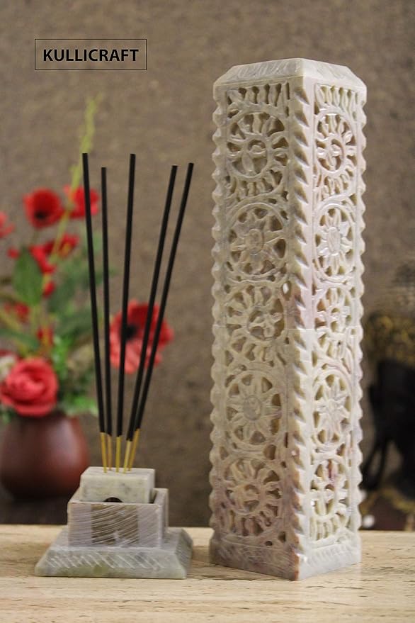 KC KULLICRAFT Marble Jaali Work Incense Holder/Agarbatti Stand with 6 Incense Sticks, Lavender Fragrance (11-Inch, Beige)