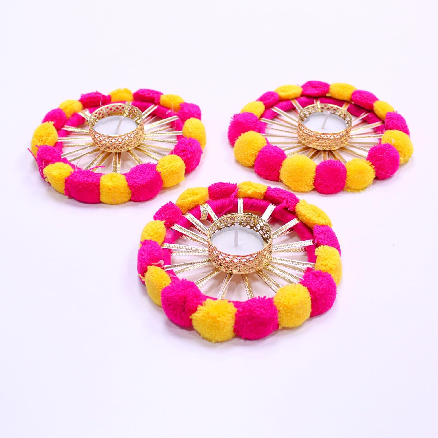 TIED RIBBONS Pack of 3 Decorative Pom Pom Tealight Candle Holders with Wax