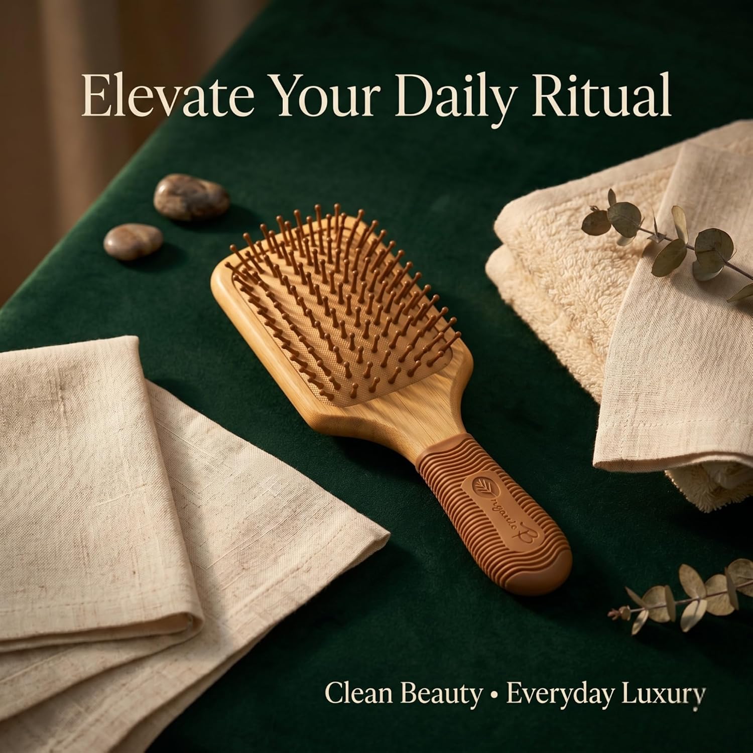 Bamboo Paddle Hair Brush with Rubber Handle – Eco-Friendly Wooden Detangler for Wet & Dry Hair