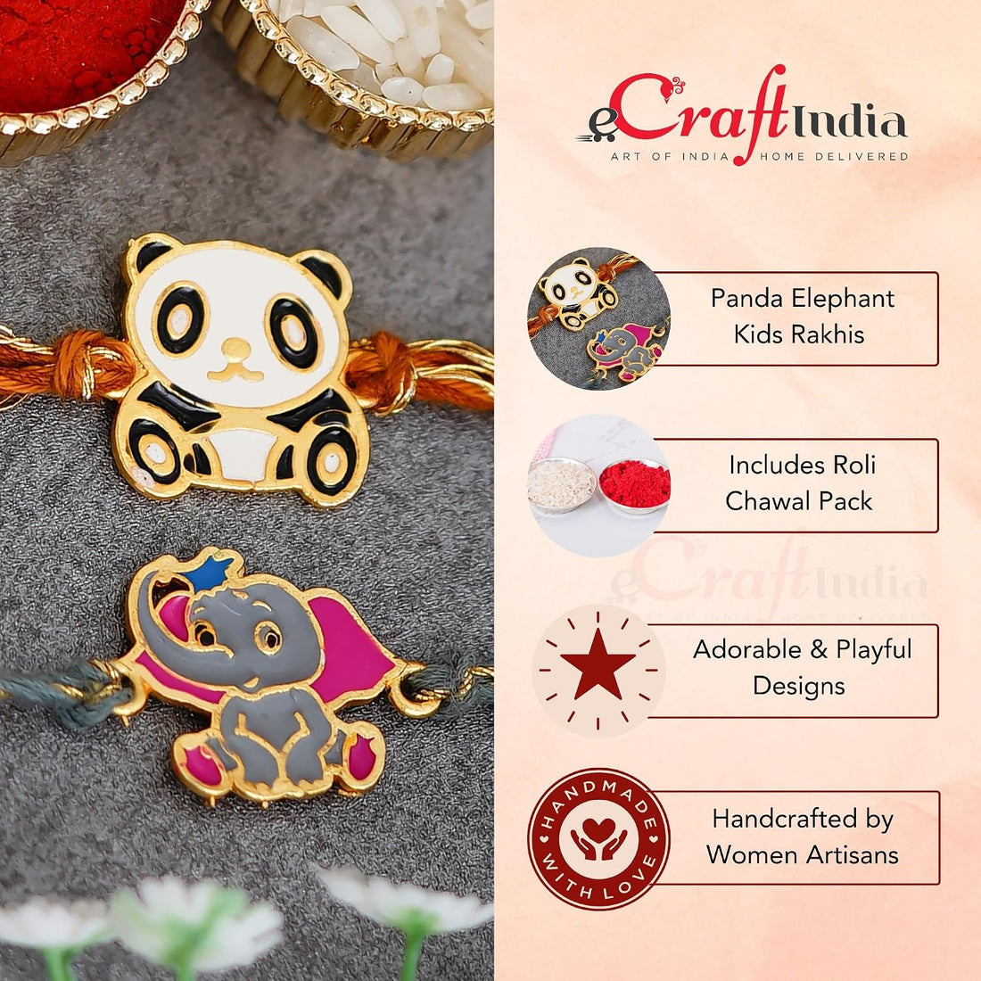 eCraftIndia Set of 2 Multicolor Panda and Elephant Kids Rakhis