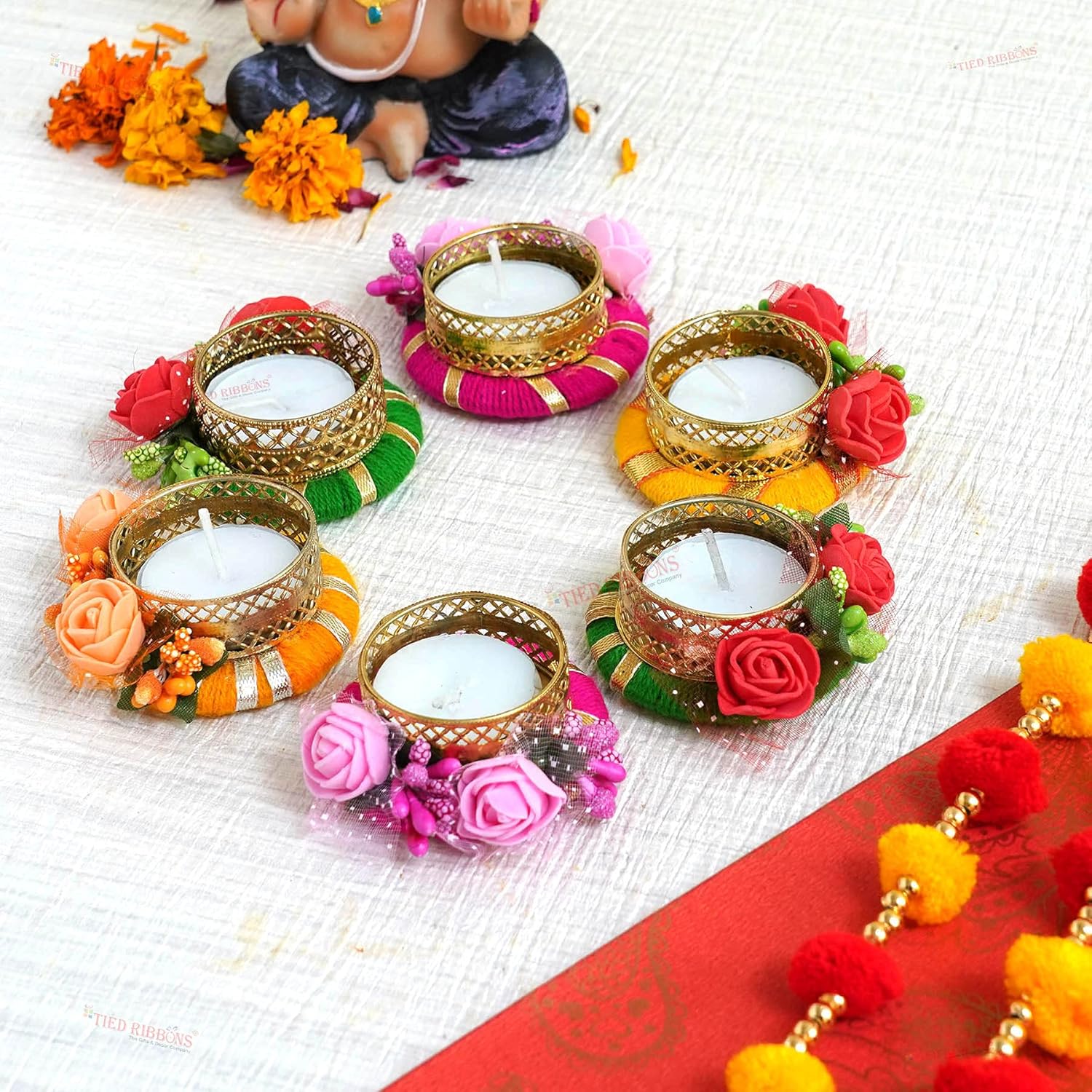 TIED RIBBONS Set of 6 Flowers Tealight Candle Holders