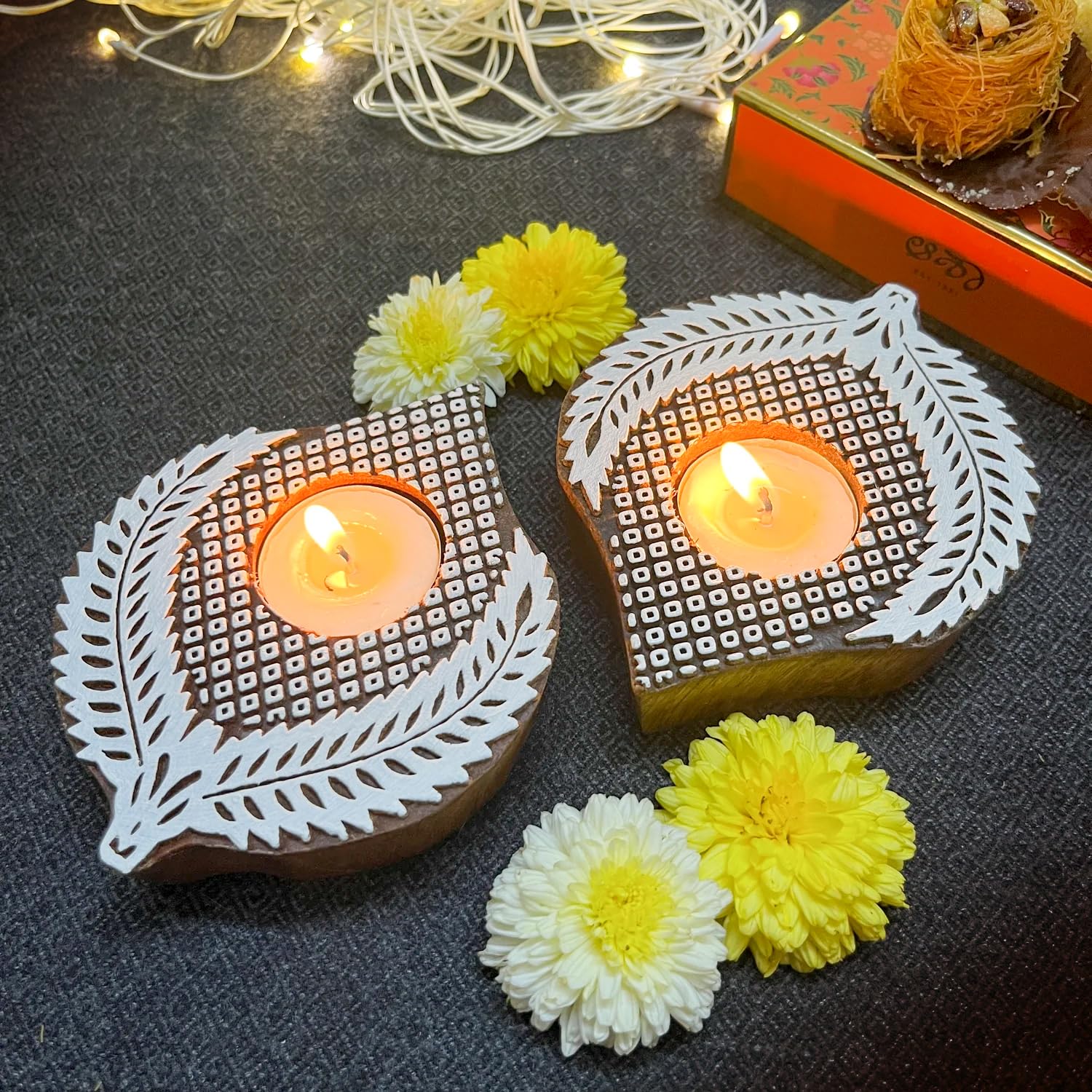 TIED RIBBONS Set of 2 Handicraft Wooden Leaf Design Tealight Candle Holder Stand