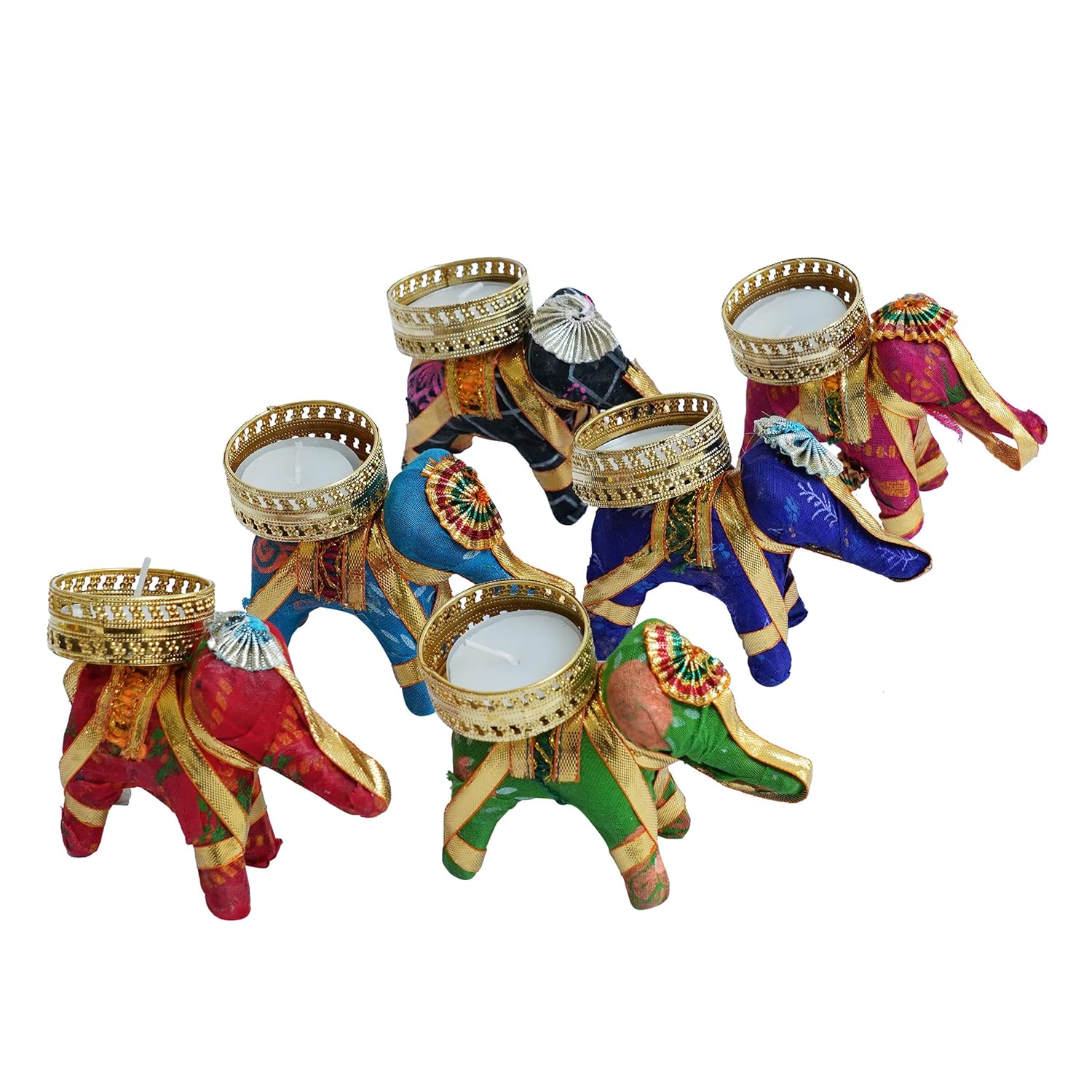 TIED RIBBONS Set of 6 Handcrafted Recycled Material Elephant Tealight Candle Holder for Diya Home Decoration