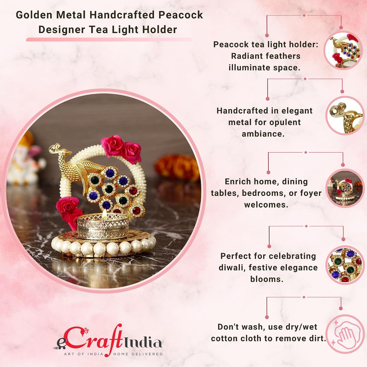 eCraftIndia Metal Peacock Floral Decorative Tea Light Candle Holder