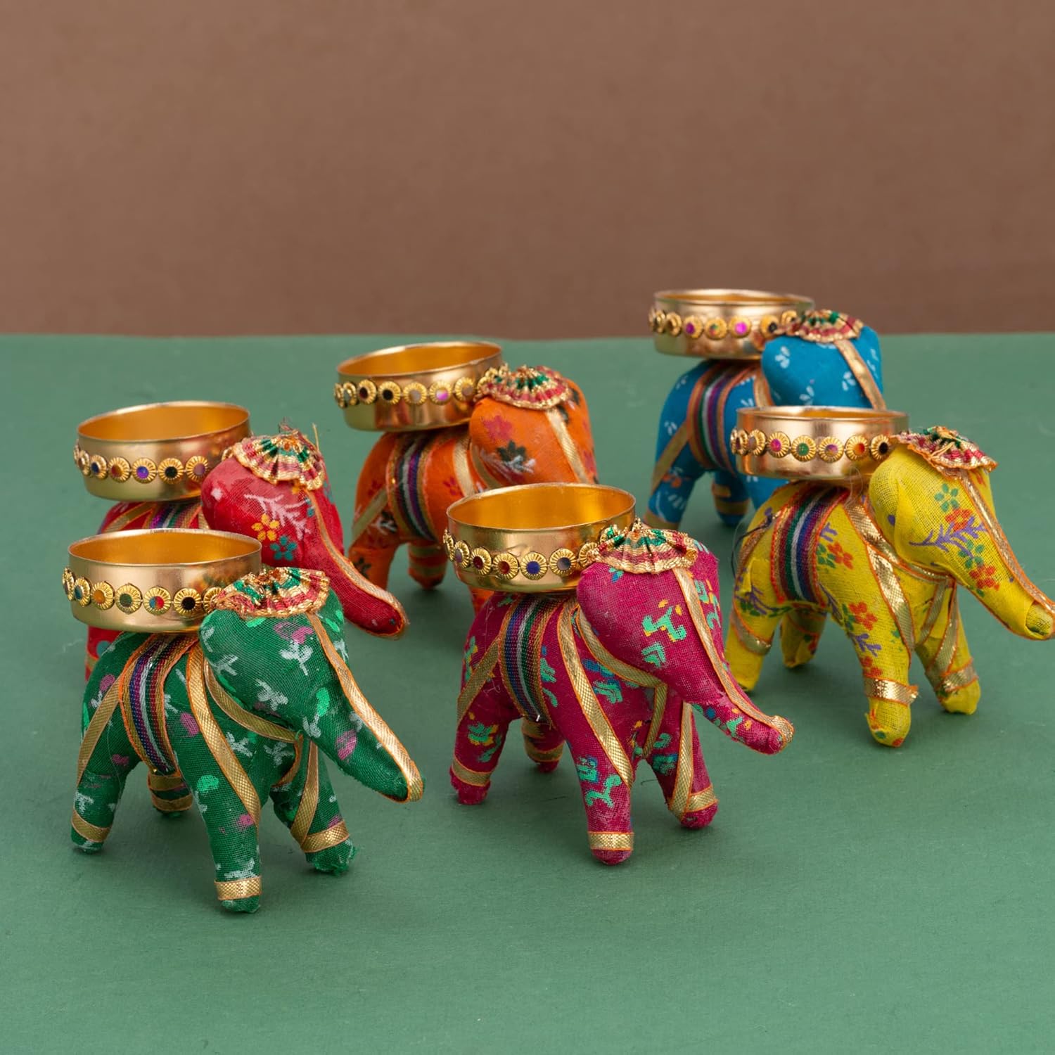 JH Gallery Handcrafted Elephant Tealight Candle Holders | Recycled Material | Multicolor | Pack of 6 | 10x5x8 cm