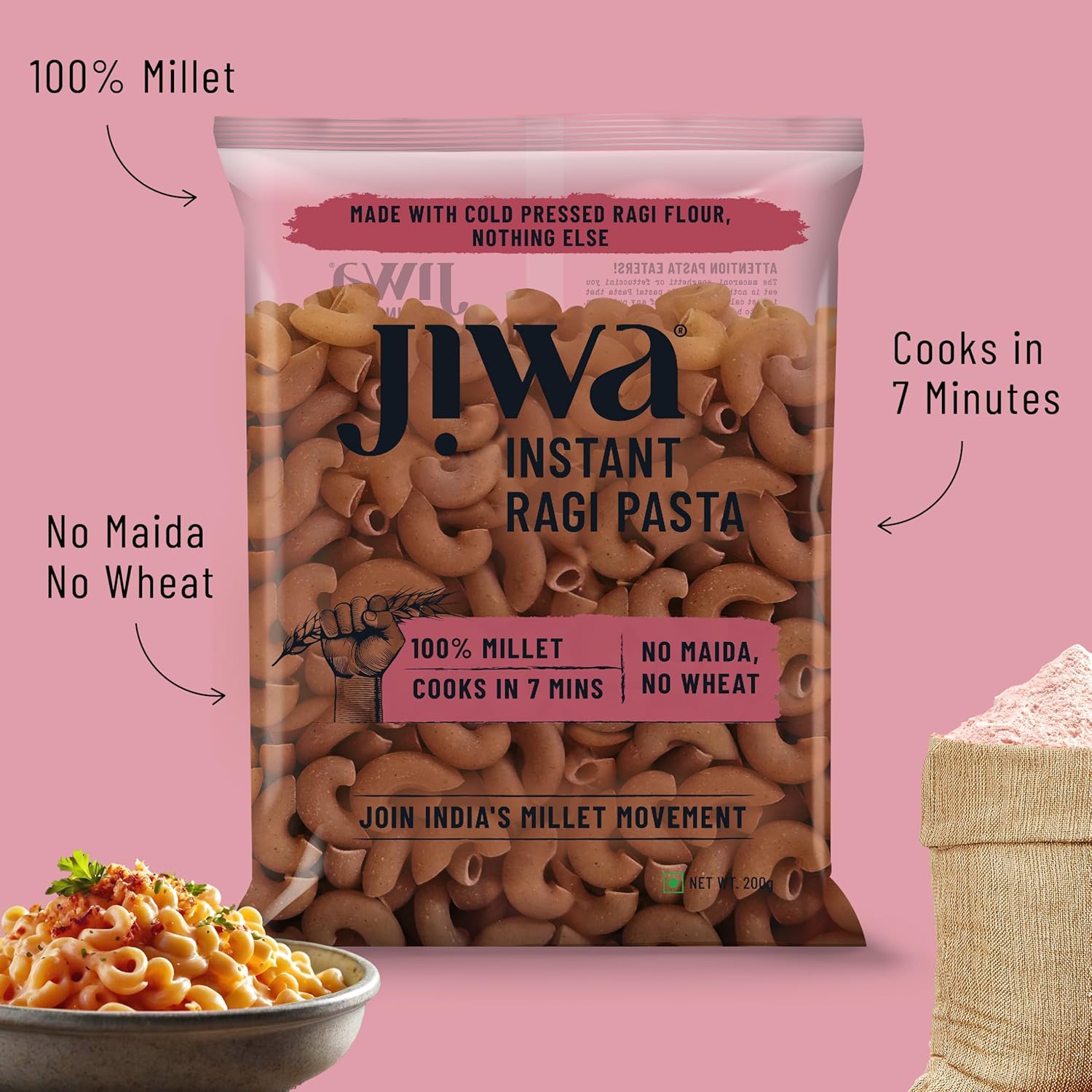 Jiwa Instant Ragi Pasta | Macaroni | Cooks In 7 Minutes Gluten Free | 200 G