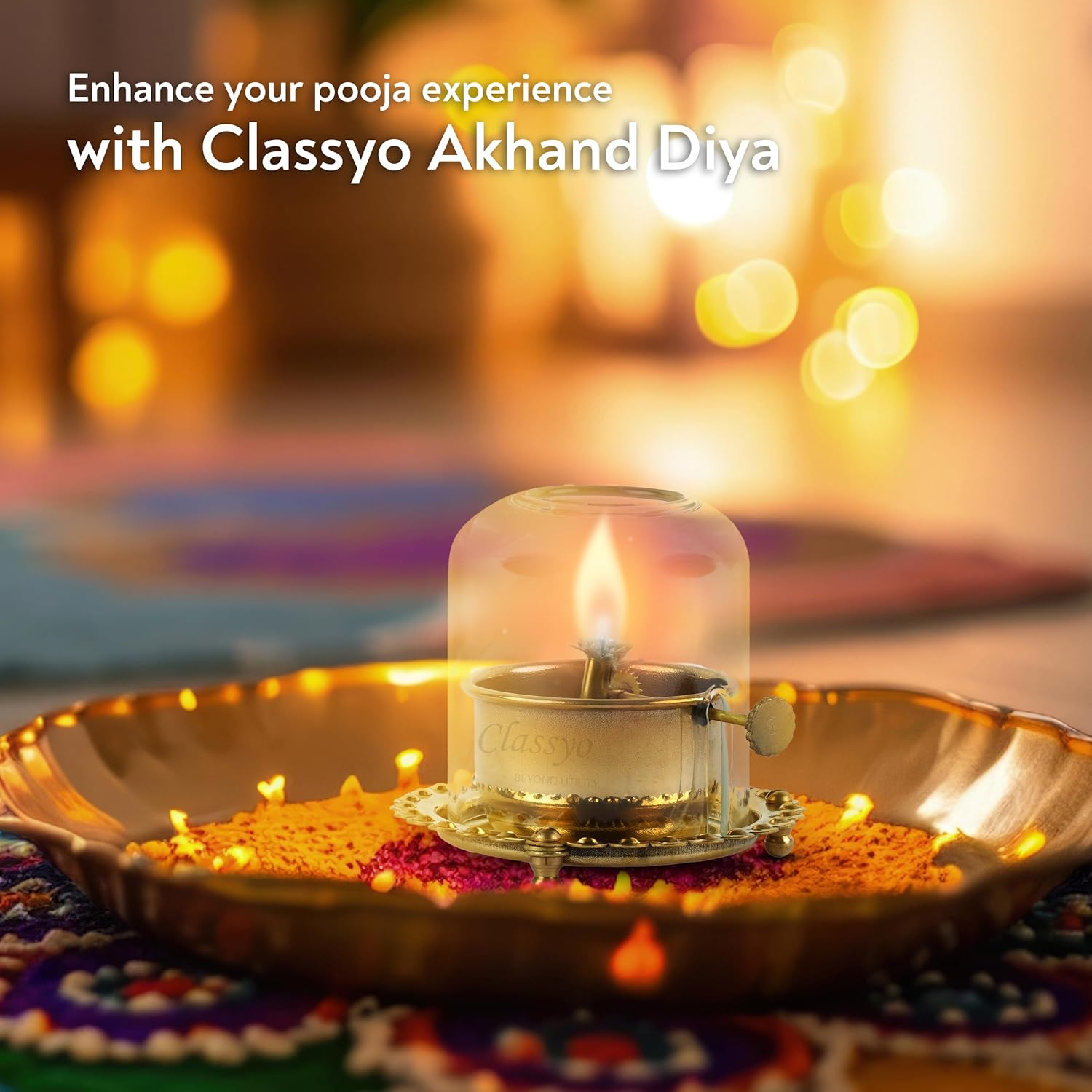 Classyo Brass Akhand Diya with Adjustable Bati, with Screw Lever for Puja, Borosilicate Glass (4 inch, 180 ml Oil Capacity)
