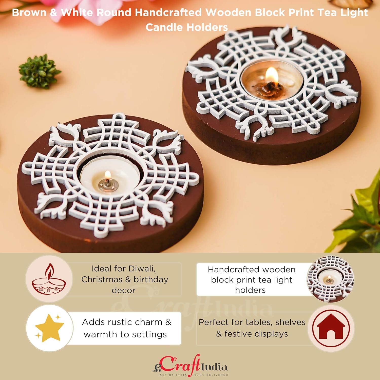eCraftIndia Brown & White Round Handcrafted Wooden Block Print Tea Light Candle Holders