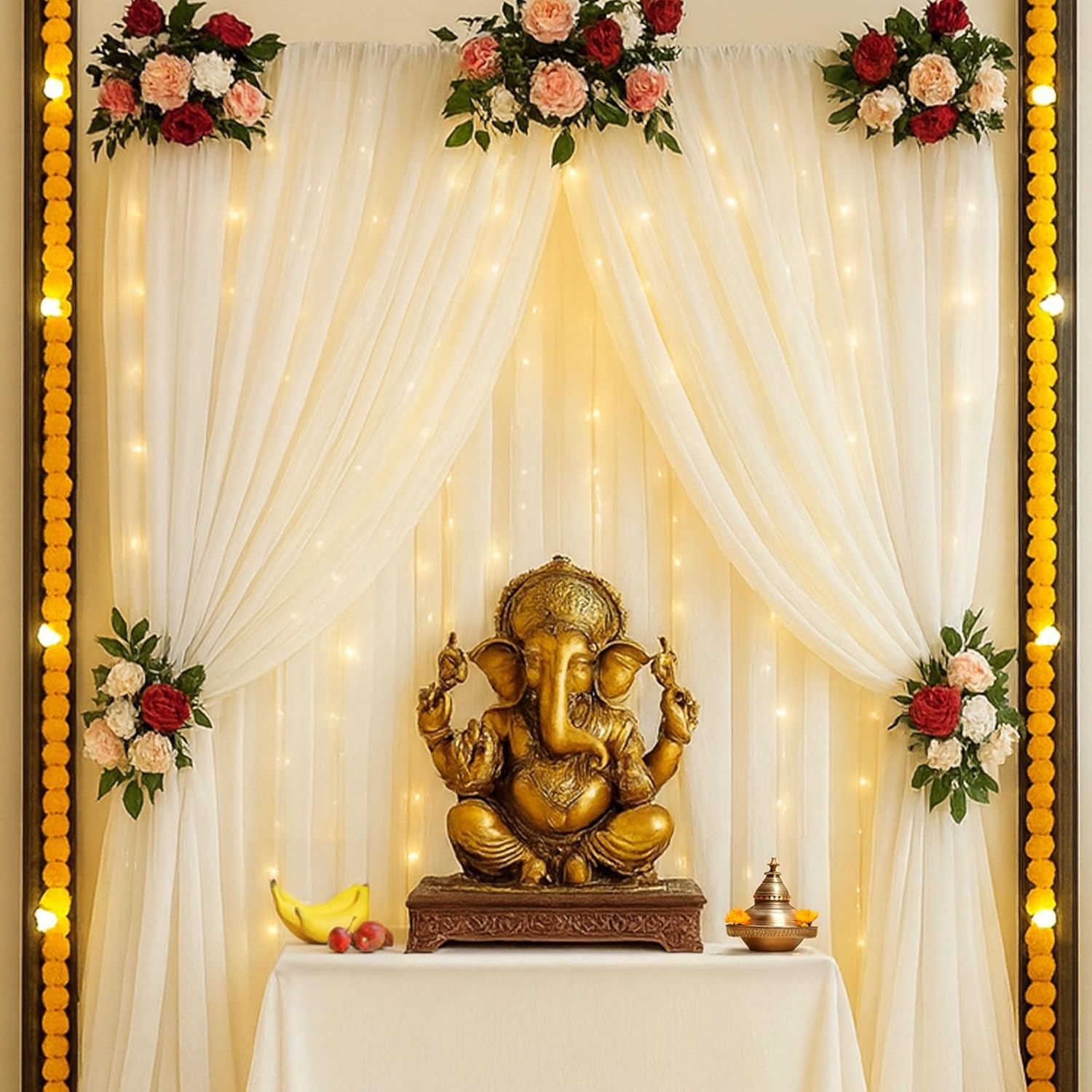 SpecialYou Ganapati Backdrop Décor with Lights – 7 Pc Pooja Set