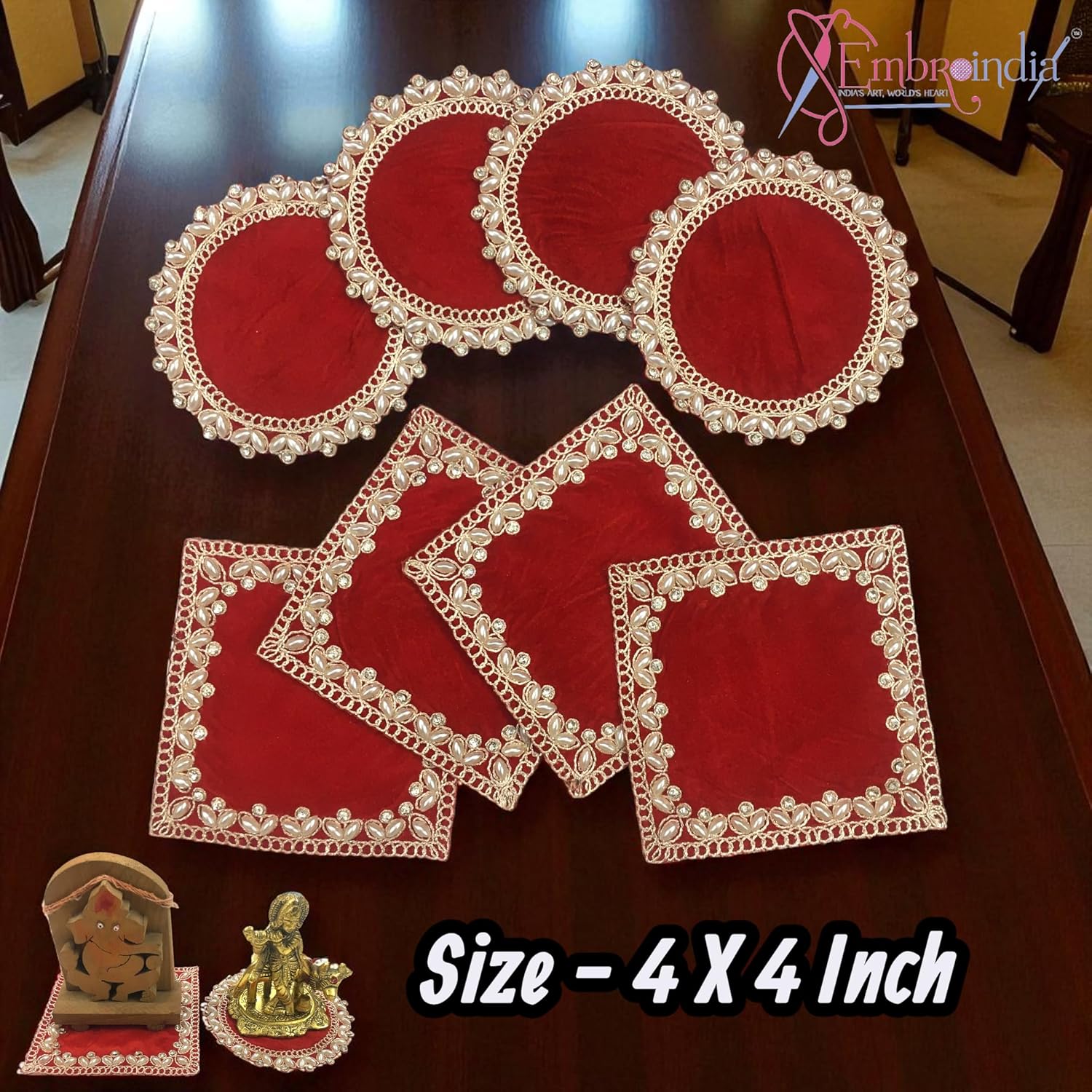 EMBROINDIA Red Velvet Pooja Aasan Set, Decorative Chowki Cloth, 4x4 Inch