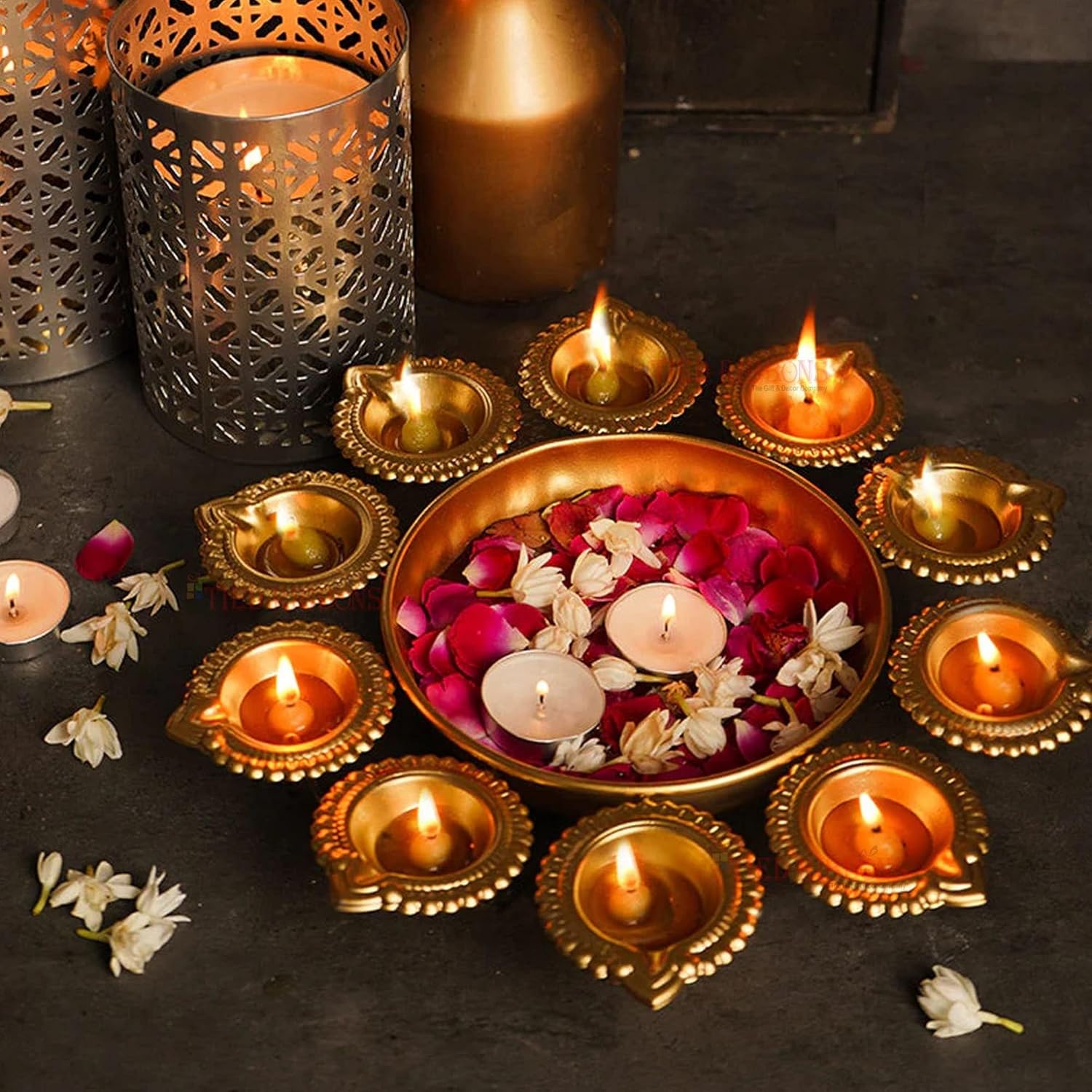 Tied Ribbons Urli Bowl with 12 Attached Oil Diyas for Floating Flowers and Tealight Candles