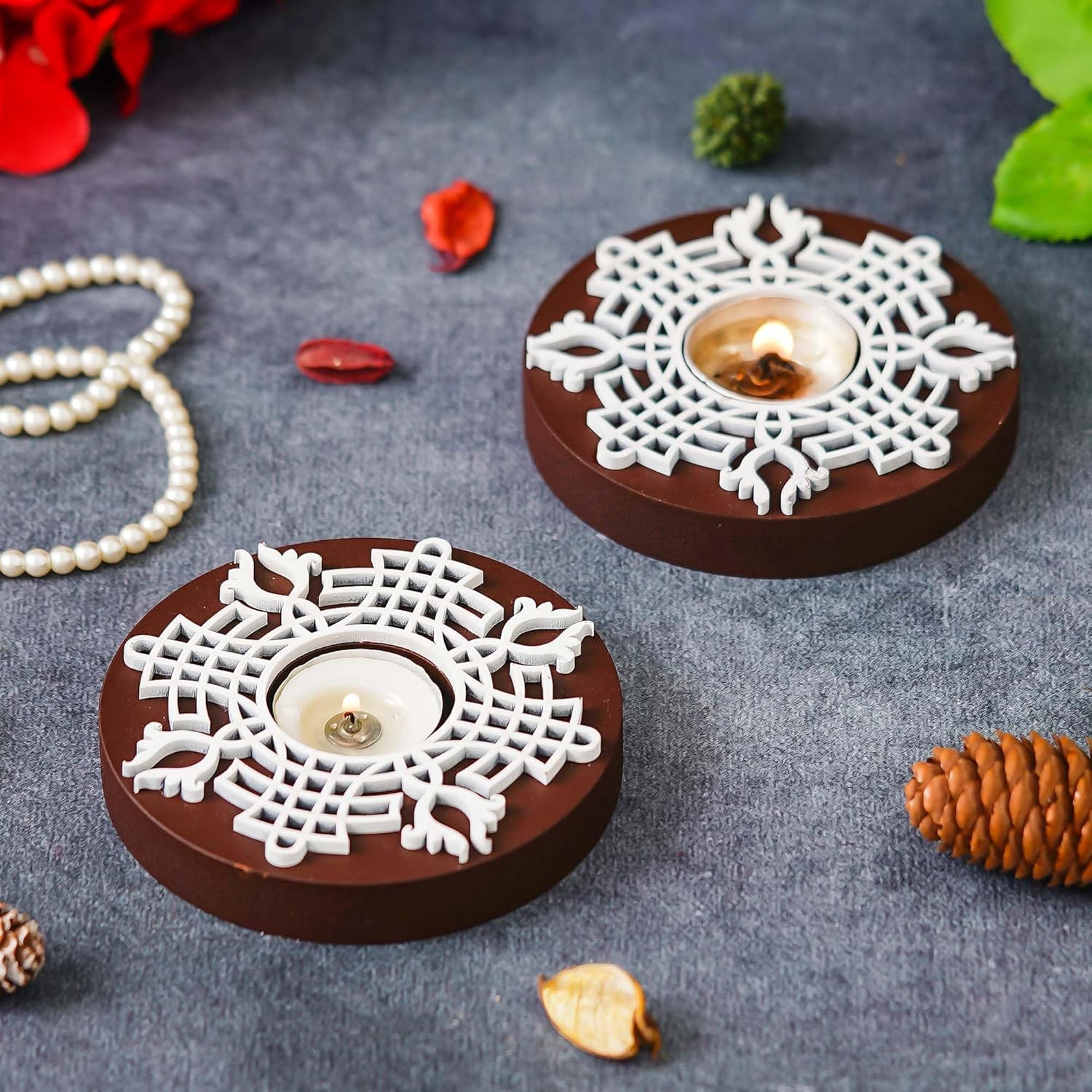 eCraftIndia Brown & White Round Handcrafted Wooden Block Print Tea Light Candle Holders