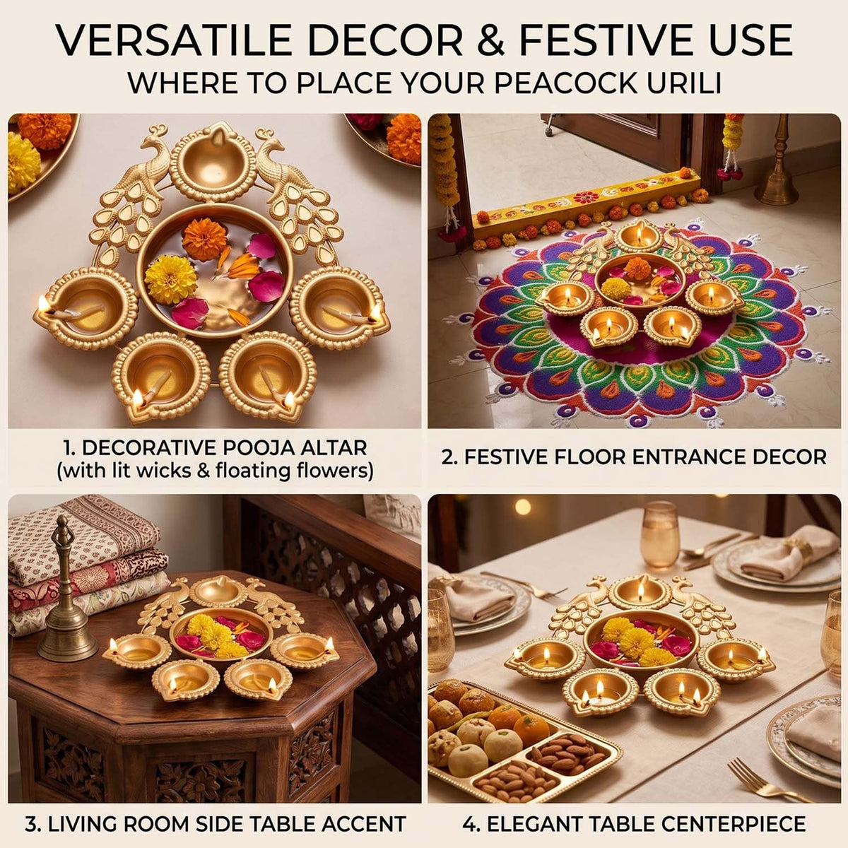 Ascension Peacock Diya Shape Decorative Urli Bowl for Home Decor with 5 Attached Oil Diyas